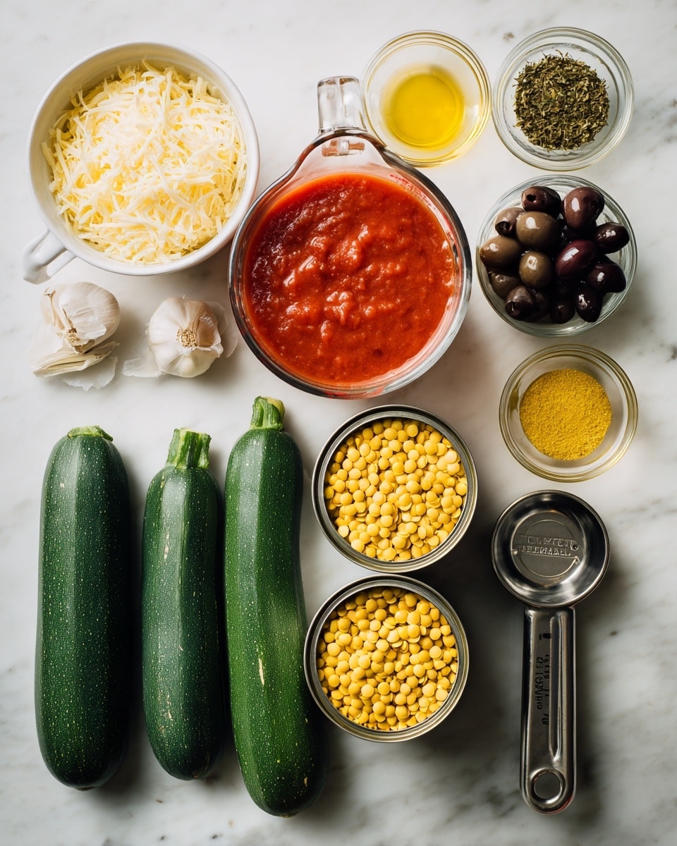 The image shows a layout of cooking ingredients on a white marbled surface. Two large green zucchinis lie at the bottom. Above them is a clear glass measuring cup filled with red tomato sauce. Next to it are two open cans of yellow lentils with black details on the labels. To the left is a white cup filled with shredded white cheese. Above the cheese are three small clear glass bowls containing a golden yellow liquid, green dried herbs, and a pale yellow powder. A metal measuring cup holds dark purple olives near the top right, next to a single clove of garlic. The photo is taken with an iphone --ar 4:5 --v 7