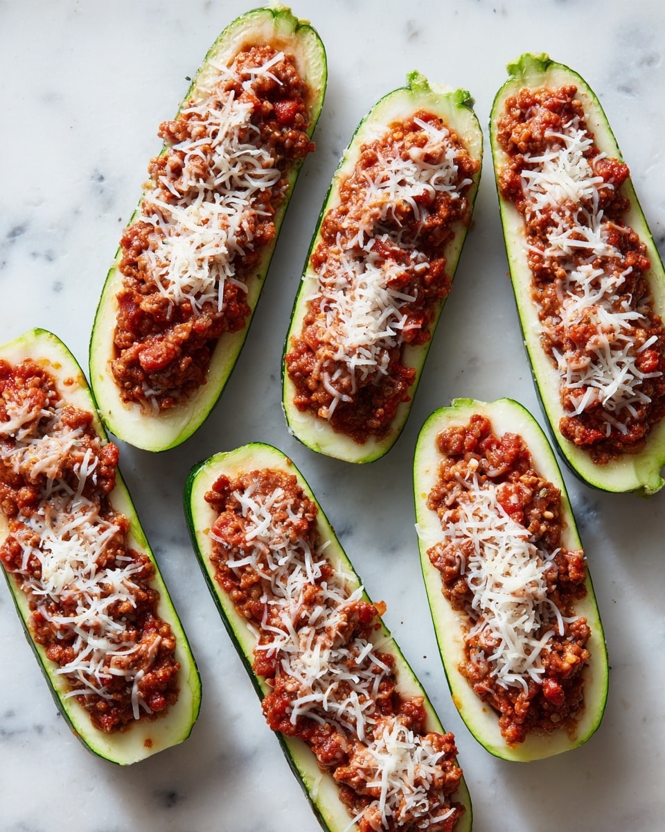 Six zucchini boats are placed on a white marbled surface. Each zucchini is cut in half lengthwise and hollowed out to form a boat shape. They have a green outer skin and are filled with a chunky reddish-brown sauce that looks like a mix of ground meat and tomato. On top of this sauce, a layer of finely shredded white cheese is spread evenly across each zucchini boat. The texture of the cheese looks soft and slightly fluffy. photo taken with an iphone --ar 4:5 --v 7