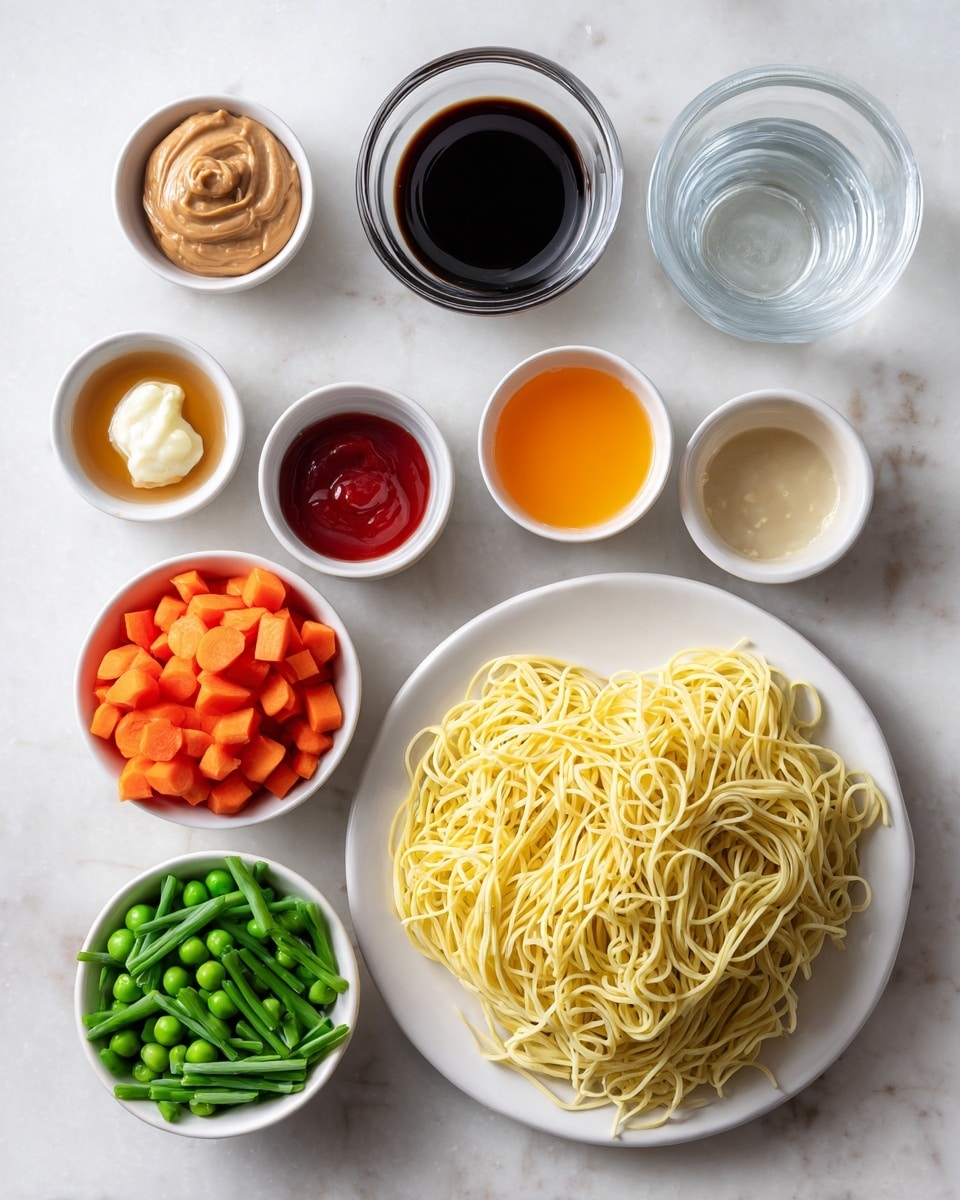 The image shows a white plate at the bottom with a large bundle of thin, yellow noodles. Above the plate, there are various small white bowls arranged in a loose grid on a white marbled surface. From left to right, top row: a bowl with light brown peanut butter, a bowl with dark soy sauce, and a clear glass with water. Middle row: a bowl with orange liquid, a bowl with light beige liquid, and a bowl with red chili sauce. Bottom row: a bowl with a small white and yellow dollop of sauces, a bowl filled with bright orange diced carrots, and a bowl of green snap peas. Below the carrots and snap peas, a small white bowl holds chopped green onions. The setup is clean and neat with good lighting. photo taken with an iphone --ar 4:5 --v 7