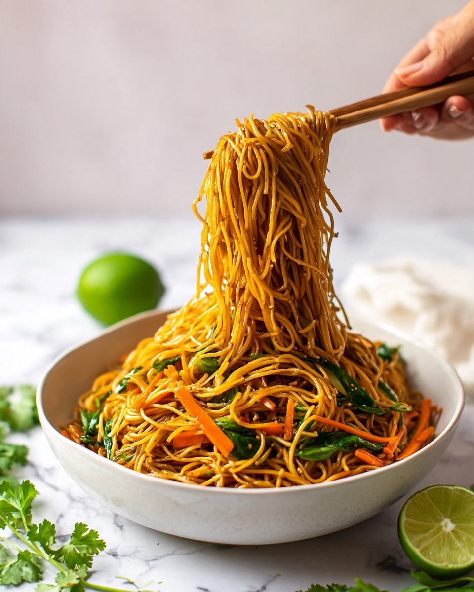 A white bowl filled with a large serving of stir-fried noodles featuring long, thin yellow-brown strands mixed with thin orange carrot sticks and green leafy herbs. A woman's hand is holding wooden chopsticks lifting a generous portion of the noodles above the bowl, showing the glossy and slightly oily texture of the noodles and vegetables. In the background, there is a whole lime and some green cilantro leaves on a white marbled surface, adding a fresh touch. The setting is bright with soft natural light highlighting the colors and details of the dish photo taken with an iphone --ar 4:5 --v 7