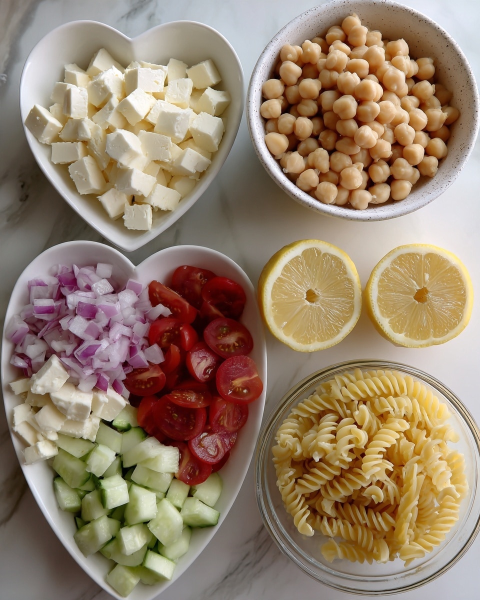 The image shows several dishes with different ingredients arranged on a white marbled surface. In the center top, there is a round white speckled bowl filled with light beige chickpeas. To the right of this bowl, two lemon halves are placed side by side, showing their bright yellow insides. Below the lemons, there is a heart-shaped white bowl full of small white cubes of cheese. On the bottom left, a large white oval plate holds three layers of ingredients: on the left, deep red grape tomatoes sliced in half; in the middle, light green diced cucumbers; and on the right, pale purple chopped onions. Finally, on the bottom right side of the image, a glass bowl holds a large amount of cooked spiral pasta with a yellowish color. Photo taken with an iphone --ar 4:5 --v 7