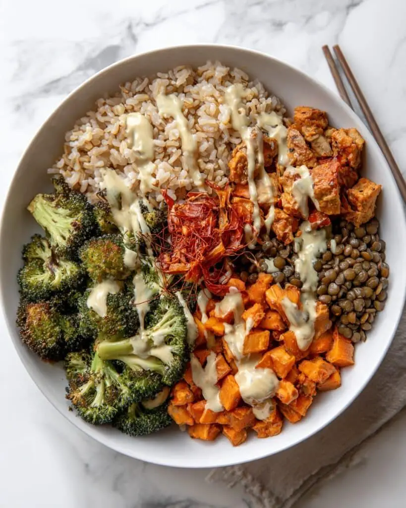 Colorful Vegan Buddha Bowl with Roasted Vegetables, Chickpeas, Quinoa, and Tahini Dressing Recipe