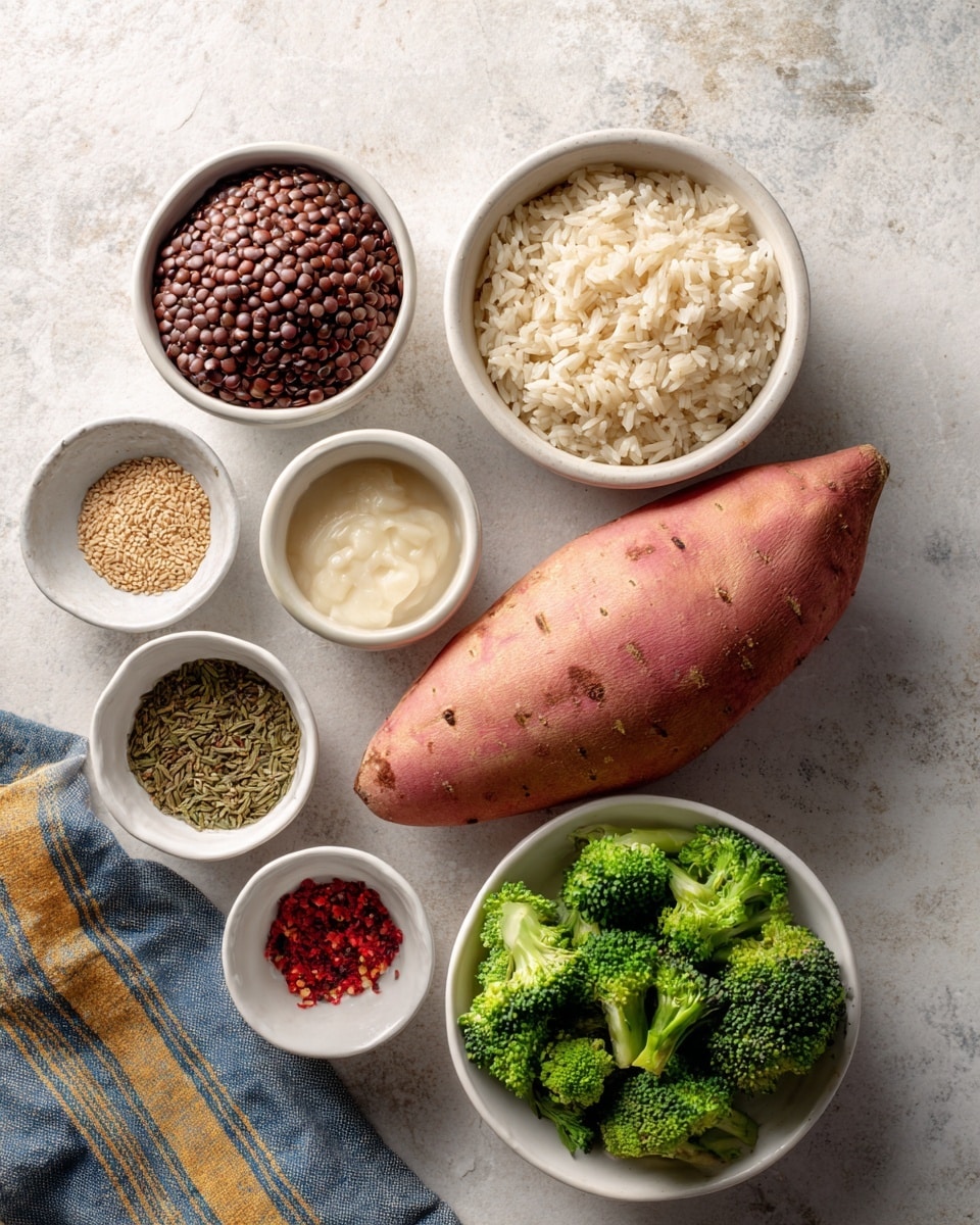 The image shows an arrangement of seven different food items on a white marbled surface. In the center is a large, pinkish-brown sweet potato with smooth skin and a few small eyes. Around it, from top left clockwise, there is a white bowl filled with cooked dark brown lentils, a small white bowl with a creamy pale sauce, a white bowl with fluffy light brown rice, a tiny white bowl with green fennel seeds, another tiny white bowl containing red chili flakes, and a small white bowl with light beige sesame seeds. Below the sweet potato, there is a white bowl filled with bright green broccoli florets. A folded blue, yellow, and white striped cloth is placed near the bottom left corner. photo taken with an iphone --ar 4:5 --v 7