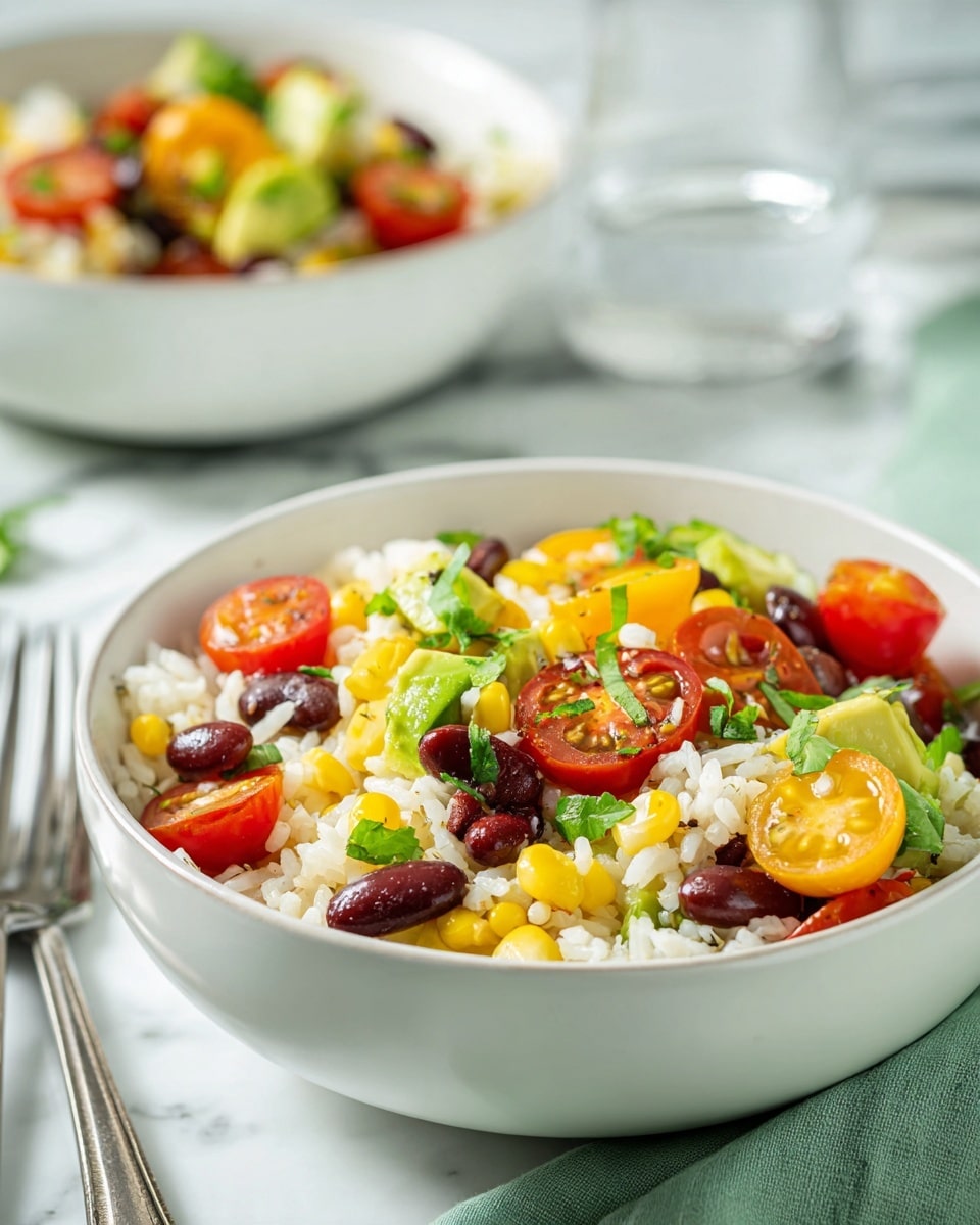 A white bowl filled with a colorful mix of rice, dark red kidney beans, bright yellow corn, halved red cherry tomatoes, and small green avocado pieces. The ingredients are evenly spread and mixed together, creating a vibrant and fresh look. In the blurry background, two more white bowls with the same mix are placed on a white marbled surface with a green napkin and a fork nearby. The colors stand out clearly against the clean background. photo taken with an iphone --ar 4:5 --v 7