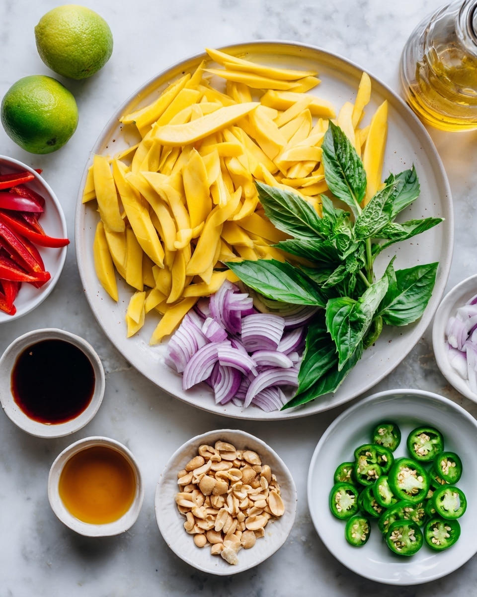 The image shows a white plate filled mainly with long, thin yellow mango strips sitting on top. To the right side of the plate are sliced purple onions layered in a small pile, and next to them are fresh green basil leaves with visible veins and texture. Around the plate, on a white marbled surface, there are smaller white bowls: one contains finely chopped pale green ginger, another bowl holds light brown crushed peanuts with a small cup of amber liquid sauce in the center, and a third bowl has dark soy sauce. A separate white plate to the left holds thin red bell pepper strips. Below this plate is a small white bowl with sliced green jalapeños. Fresh mint leaves with rough textured stems and vibrant green leaves rest nearby. A glass bottle with amber oil and some fresh whole and halved green limes are placed toward the top left. The overall look is fresh and colorful, with all the ingredients well arranged. Photo taken with an iphone --ar 4:5 --v 7
