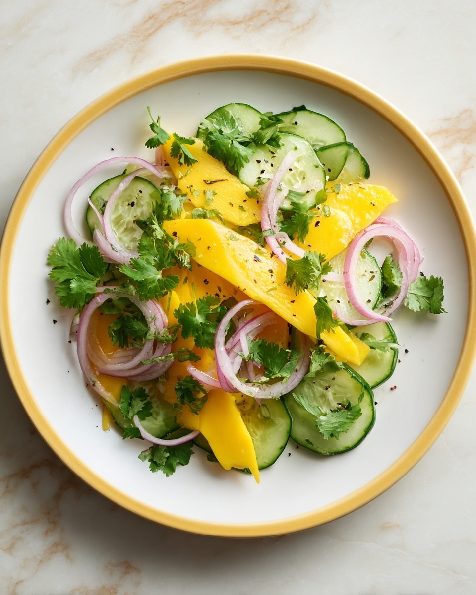 The image shows a fresh salad on a white plate with a yellow rim, placed on a white marbled surface. The salad has several layers: the bottom layer is made of bright green cucumber slices with a slightly shiny texture, scattered thin light pink onion rings sit on top, then there are thick yellow mango slices arranged around. Fresh green cilantro leaves are spread evenly over the salad. Small black pepper pieces are sprinkled on top, adding texture and contrast. Photo taken with an iphone --ar 4:5 --v 7