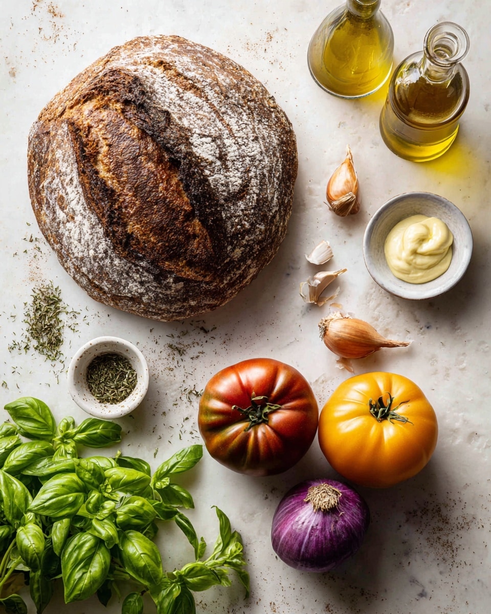The image shows a rustic loaf of bread with a rough, brown crust positioned at the top left on a white marbled surface. Below it, a small white bowl filled with dry herbs sits near two whole heirloom tomatoes, one deep red with natural grooves and one smooth, bright yellow. To the right of the yellow tomato is a small red onion with a shiny purple skin. Above the tomatoes, there is a whole shallot with a light brown peel placed near a peeled clove of garlic and a small white bowl holding two dollops of creamy yellow mustard. At the top right are two bottles, one with golden olive oil and the other clear vinegar. At the bottom left, a bunch of fresh green basil leaves cascades gently across the white marbled backdrop. Photo taken with an iphone --ar 4:5 --v 7