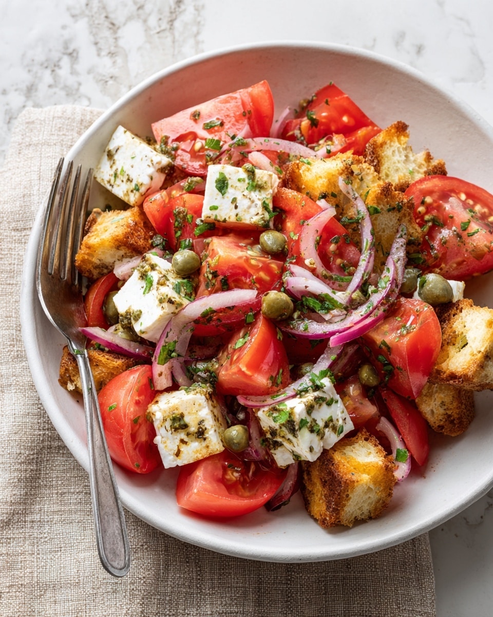 A close-up view of a white bowl filled with a fresh salad composed of chunky red tomatoes, golden brown toasted bread pieces, white cheese cubes speckled with green herbs, thin slices of purple onion rings, and small green capers scattered throughout. The ingredients layer naturally with the tomatoes and bread pieces sitting on top, cheese cubes mingled in between, topped lightly with fresh chopped herbs. The bowl rests on a textured beige fabric over a white marbled surface. A silver fork is visible on the left edge of the bowl. Photo taken with an iphone --ar 4:5 --v 7