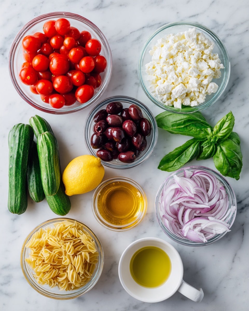 The image shows a clean white marbled surface with several clear glass bowls and other ingredients arranged neatly. There are four clear glass bowls in view: one with red halved cherry tomatoes filling the top right, one with white crumbled cheese in the center, another with dark purple olives below the cheese, and one bowl with thinly sliced light purple onions on the right side. Below the bowls is a yellow lemon placed next to a small bowl of golden honey or syrup. To the left of these are two small green cucumbers and one small pile of fresh green basil leaves. A box of Barilla Orzo pasta is at the far left on the marble surface. A white ceramic bowl with olive oil is on the bottom right. The overall look is fresh and colorful with vivid reds, greens, yellows, and whites, all against a clean white marbled background. photo taken with an iphone --ar 4:5 --v 7