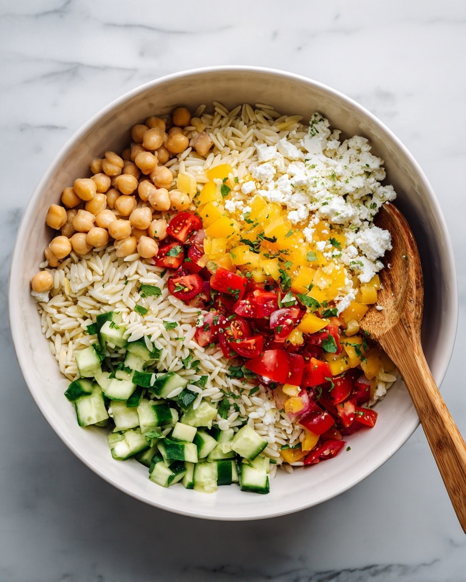 A white bowl filled with a colorful orzo salad, showing several layers of ingredients mixed together evenly. The base layer is small, white orzo pasta with a smooth texture. Scattered evenly on top are chickpeas with a soft beige color, bright yellow bell pepper pieces, cherry tomato halves in vibrant red, and diced cucumber chunks in green. Small cubes of white cheese and fresh green herbs add extra color and texture in layers. A wooden spoon rests inside the bowl on the right side. The bowl is placed on a white marbled surface. Photo taken with an iphone --ar 4:5 --v 7
