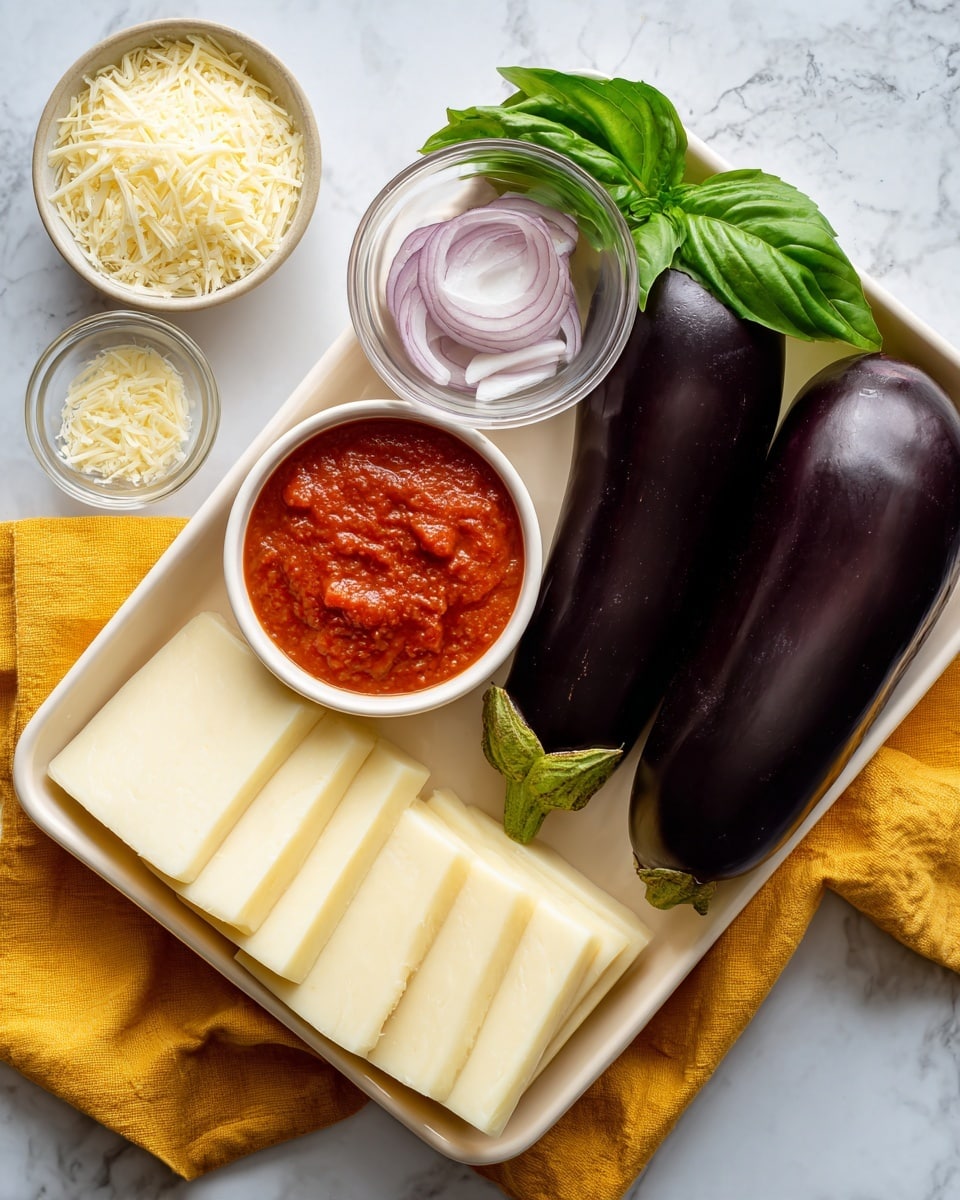 The image shows ingredients neatly arranged on a white marbled surface with a yellow cloth underneath a small white tray. Inside the tray, there are two whole dark purple eggplants and one eggplant sliced lengthwise showing its pale yellow inside. In the tray, there is also a white bowl filled with vibrant red tomato sauce and a small glass bowl with fine, light-colored grated cheese. Next to the tray, on the left, is a white plate with several white rectangular slices of soft cheese stacked, and a smaller white bowl with thinly sliced light purple onions. Fresh green basil leaves are placed near the tray, adding a pop of color. Photo taken with an iphone --ar 4:5 --v 7