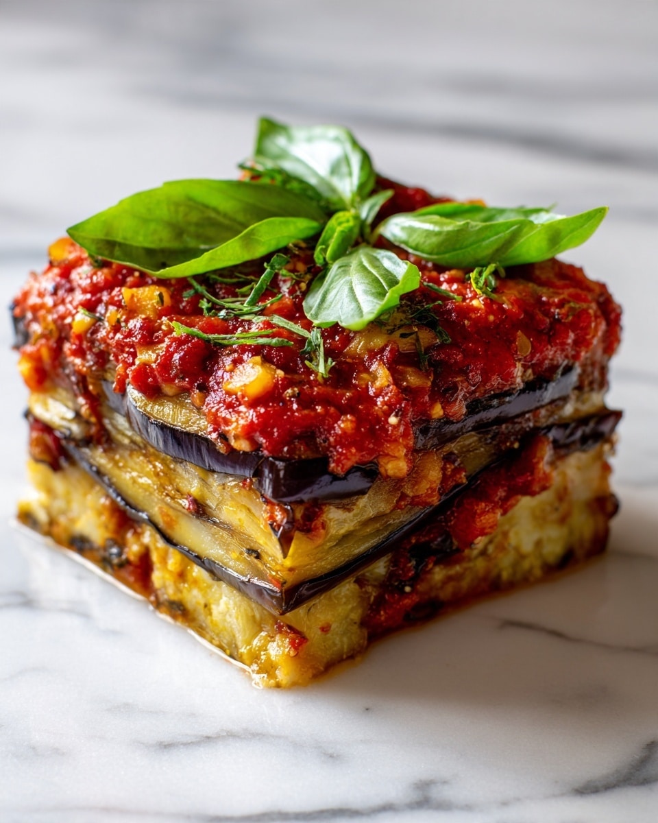 The image shows a square slice of a layered vegetable dish with several layers of roasted eggplant and bright red tomato sauce stacked evenly. The layers alternate, with the eggplant showing a slightly charred dark purple skin and soft yellowish inside, while the sauce is thick and chunky with visible small bits of tomato. The top layer is covered with the red sauce and garnished with fresh, vibrant green basil leaves placed in the middle, adding a pop of color. The dish is placed on a white marbled surface. photo taken with an iphone --ar 4:5 --v 7