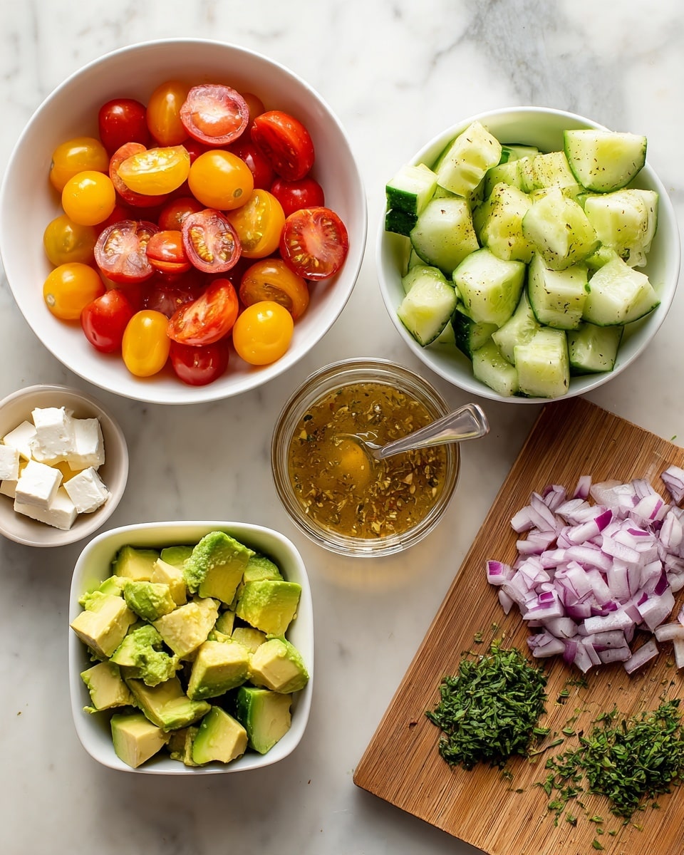 The image shows five containers of fresh ingredients arranged on a white marbled surface. In the top left, a white bowl holds halved red and yellow cherry tomatoes, showing bright red and golden orange colors with smooth, shiny skins. To the right, a white bowl is filled with thick, uneven chunks of light green cucumber pieces with darker green edges. Below the tomatoes, a small white bowl contains small cubes of white feta cheese. At the center bottom, a square white bowl holds uneven, medium-sized chunks of avocado with green and yellow shades. At the top center, a small glass jar contains a yellow-brown dressing with herbs and a silver fork inside. On the right side on the surface, there are finely chopped green herbs and small diced red onions on a wooden cutting board. Photo taken with an iphone --ar 4:5 --v 7