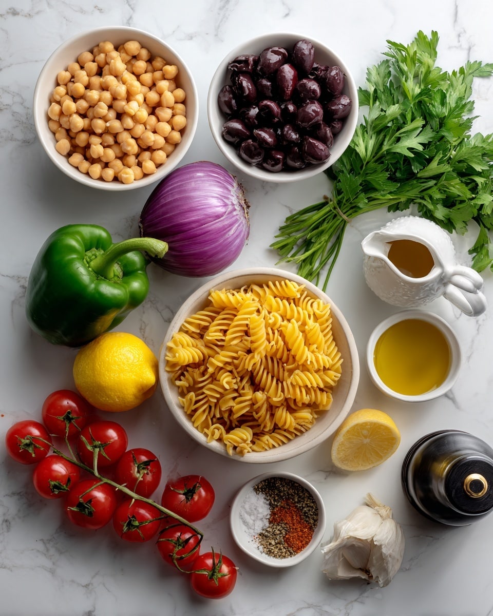 A top view of various fresh ingredients arranged on a white marbled surface, including two white bowls filled with tan chickpeas and amber-colored rotini pasta, a white bowl with sliced black olives, a bunch of small red cherry tomatoes on green vine, a whole green bell pepper, a halved purple onion, a bulb of garlic, a bunch of green parsley, a halved and whole bright yellow lemon, a small white pitcher with amber liquid, a small white bowl with mixed dried spices, plus a glass bottle of olive oil and a dark grinder bottle nearby, all arranged neatly with strong natural light. photo taken with an iphone --ar 4:5 --v 7