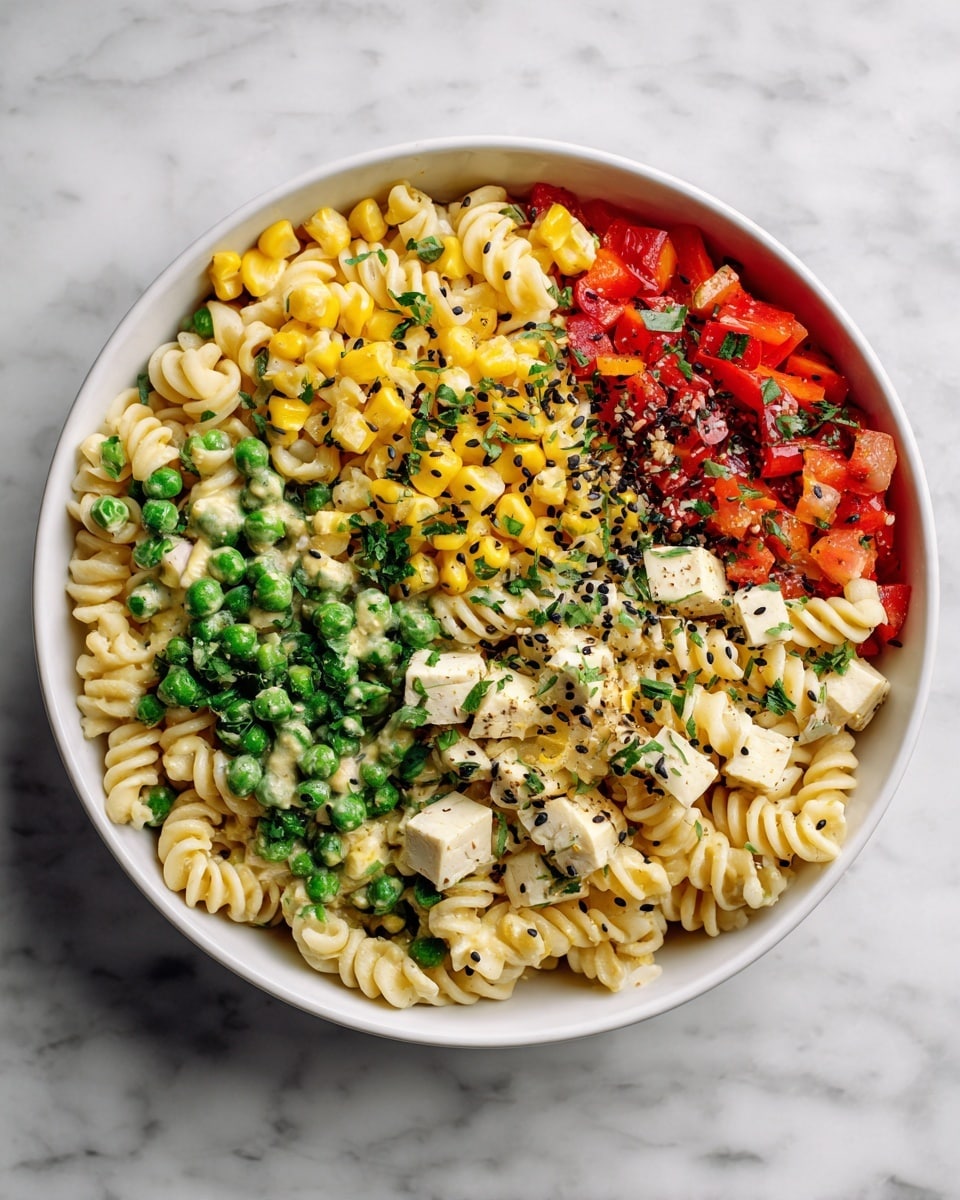 A white bowl filled with a pasta salad that has three visible layers: the bottom layer consists of small rotini pasta in a yellowish cream sauce, mixed evenly with green peas; the middle layer contains bright yellow corn kernels and small cubes of pale beige tofu or cheese, along with red bell pepper pieces; the top layer is sprinkled with finely chopped green herbs and black sesame seeds for garnish. The bowl sits on a white marbled textured surface. Photo taken with an iphone --ar 4:5 --v 7