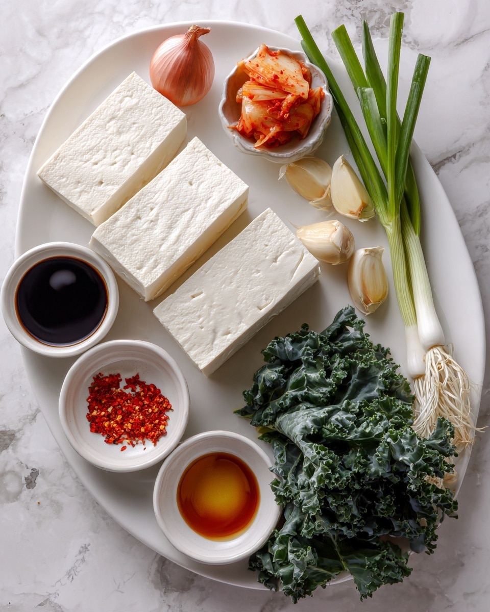 The image shows a white oval plate with three large rectangular white tofu pieces stacked on the left side on a white marbled surface. To the right, there are fresh green onions with white bulbs at the bottom on the marble surface. Below the green onions, there are two small round white bowls, one filled with dark brown soy sauce and the other with light brown sauce. Near the bottom right corner, fresh dark green kale leaves spread out widely. A white round bowl with bright red chili flakes sits in the middle. On the left side of the chili flakes bowl, there are three light brown garlic cloves and a piece of turmeric with a yellow end. Below these, a white round bowl contains orange-red kimchi. Above the tofu, a pink shallot rests on the marble background. photo taken with an iphone --ar 4:5 --v 7