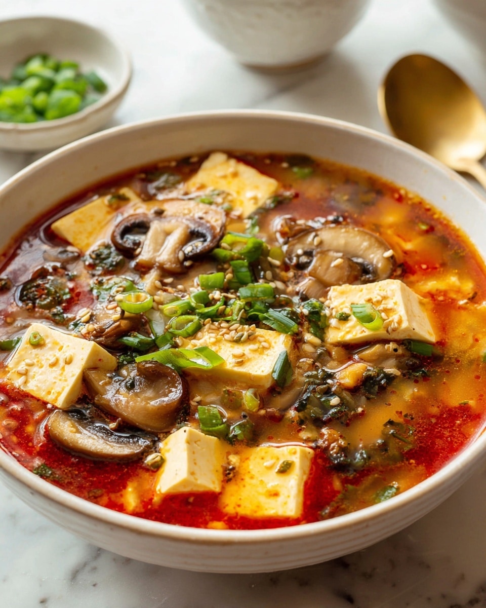 A white bowl filled with a bright red soup, showing visible layers of light yellow tofu cubes evenly scattered throughout. Mixed in are brown mushrooms with a smooth texture, along with green chopped scallions and small sesame seeds sprinkled on top. The bowl sits on a white marbled surface with a gold spoon nearby and a small white bowl containing more green scallions slightly blurred in the background. The soup looks rich and vibrant, with varied textures from smooth tofu, soft mushrooms, and fresh scallions. photo taken with an iphone --ar 4:5 --v 7