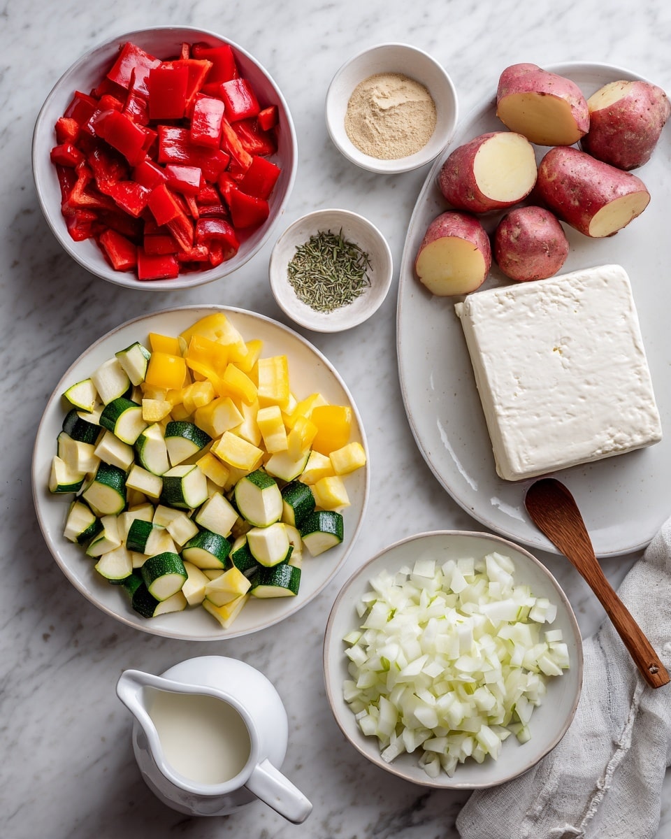 The image shows an overhead view of several white dishes arranged on a white marbled surface. There is one large white plate with chopped zucchini and yellow squash on one side and bright red diced bell peppers on the other side. Above it is a medium white bowl filled with quartered red potatoes. Next to the potatoes is a small white bowl with a light brown powder, and to the right of that is a white plate with a large block of tofu. Below the tofu, a small white pitcher holds a white liquid, likely plant milk. To the right of the large plate is a white bowl filled with chopped white onions. Small bowls and a wooden spoon with a beige paste and dried herbs are scattered around the main dishes. The overall look is fresh and colorful with neatly arranged raw ingredients photo taken with an iphone --ar 4:5 --v 7