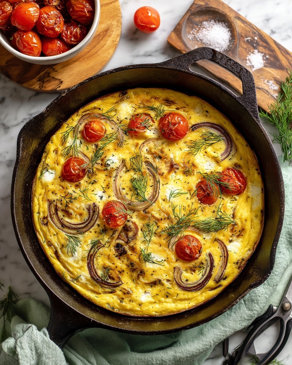 The image shows a black cast iron skillet filled with a bright yellow frittata. The frittata has layers of red onion slices curved across the top, small halved cherry tomatoes scattered around, white chunks that look like cheese, and sprigs of fresh dill placed evenly for decoration. The skillet is set on a white marbled surface with a light green cloth underneath its handle. Next to the skillet, on the top left corner, there is a white bowl with roasted cherry tomatoes on a wooden board, half a red onion, some fresh dill sprigs, and a wooden spoon filled with coarse salt. A pair of black kitchen scissors lies on the marble near the top right. Photo taken with an iphone --ar 4:5 --v 7