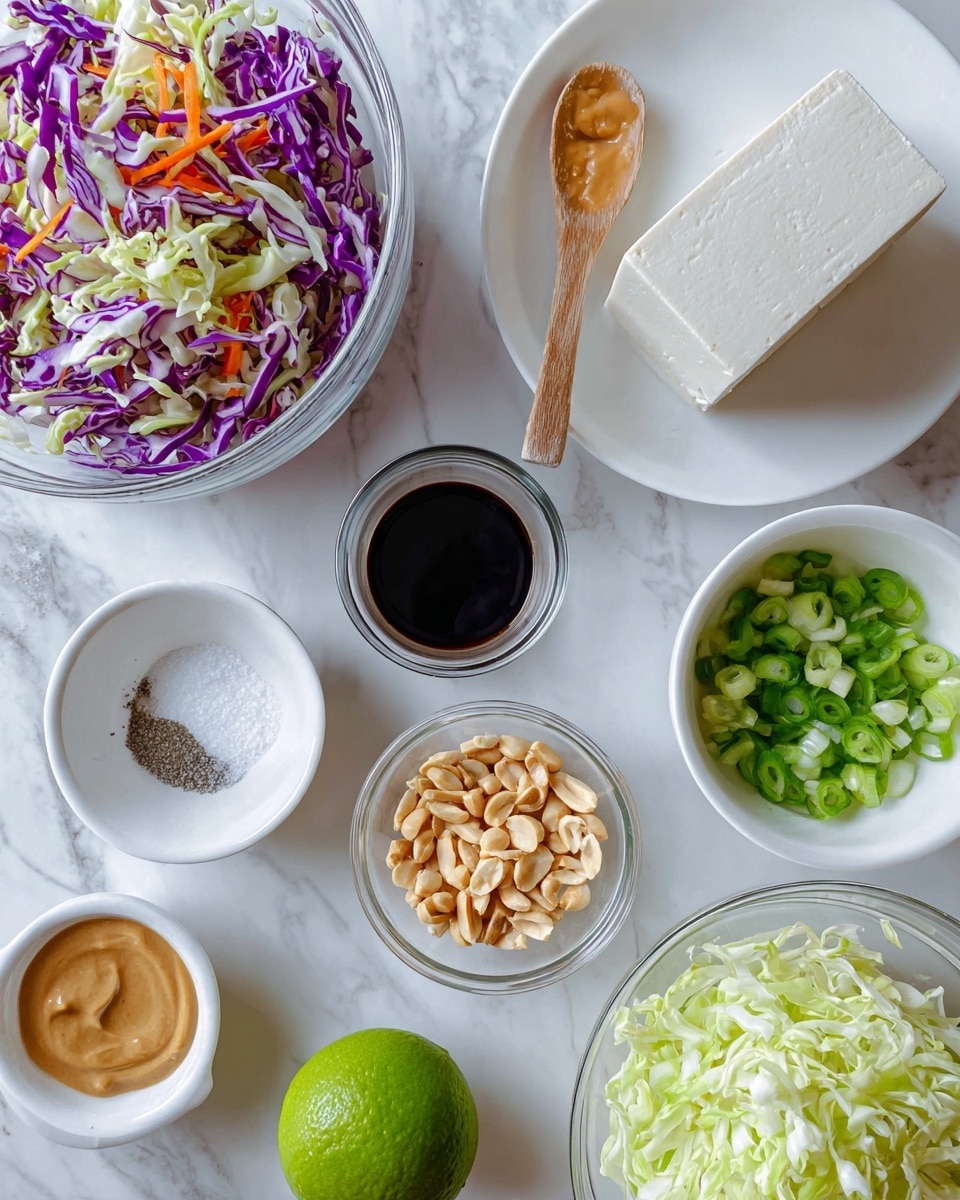 A flat lay of multiple small white bowls and a clear glass bowl arranged on a white marbled surface. The largest clear bowl on the top left is filled with thinly sliced purple and green cabbage mixed with some carrot strips. To the right, a white plate holds a square block of tofu. Below that, a bright green lime sits alone. Near the bottom right, there are white bowls holding shredded green lettuce and chopped green onions, while near the bottom center glass bowls contain roughly chopped peanuts and smaller white bowls hold minced garlic, minced ginger, and a smooth brown peanut butter spoon resting across the rim. Additional small bowls hold a dark liquid, light liquid, cornstarch, and salt with pepper. Photo taken with an iphone --ar 4:5 --v 7