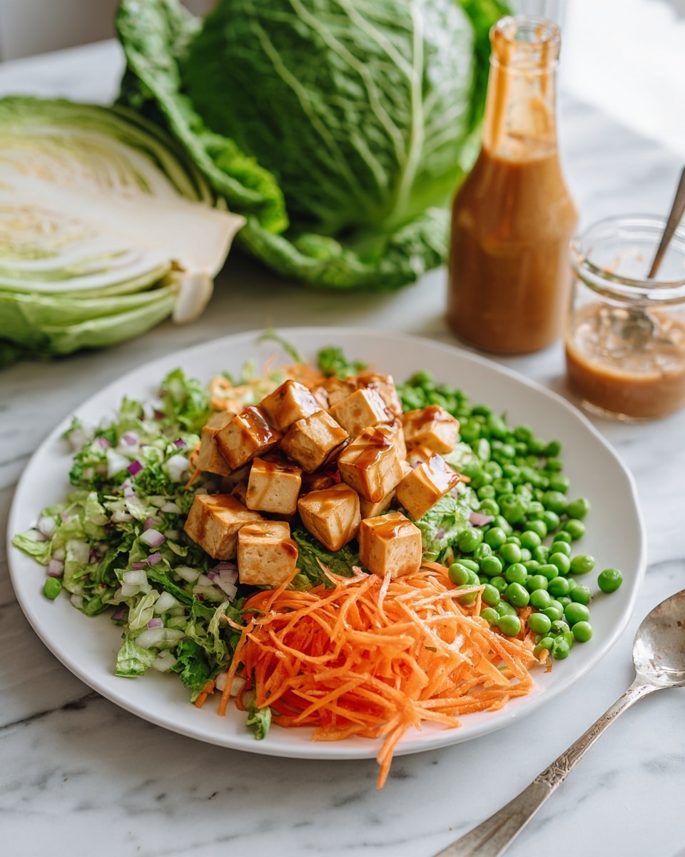 A white plate holds a salad with three layers: the bottom layer is light green chopped leafy vegetables, the middle layer has shredded bright orange carrot strips and green peas scattered around, and the top layer consists of several tan-colored tofu cubes covered lightly with a brown sauce. The plate is on a white marbled surface. Nearby, there is a green leafy cabbage cut in half, a green bottle of rice vinegar, and a jar of brown sauce with a spoon inside. photo taken with an iphone --ar 4:5 --v 7