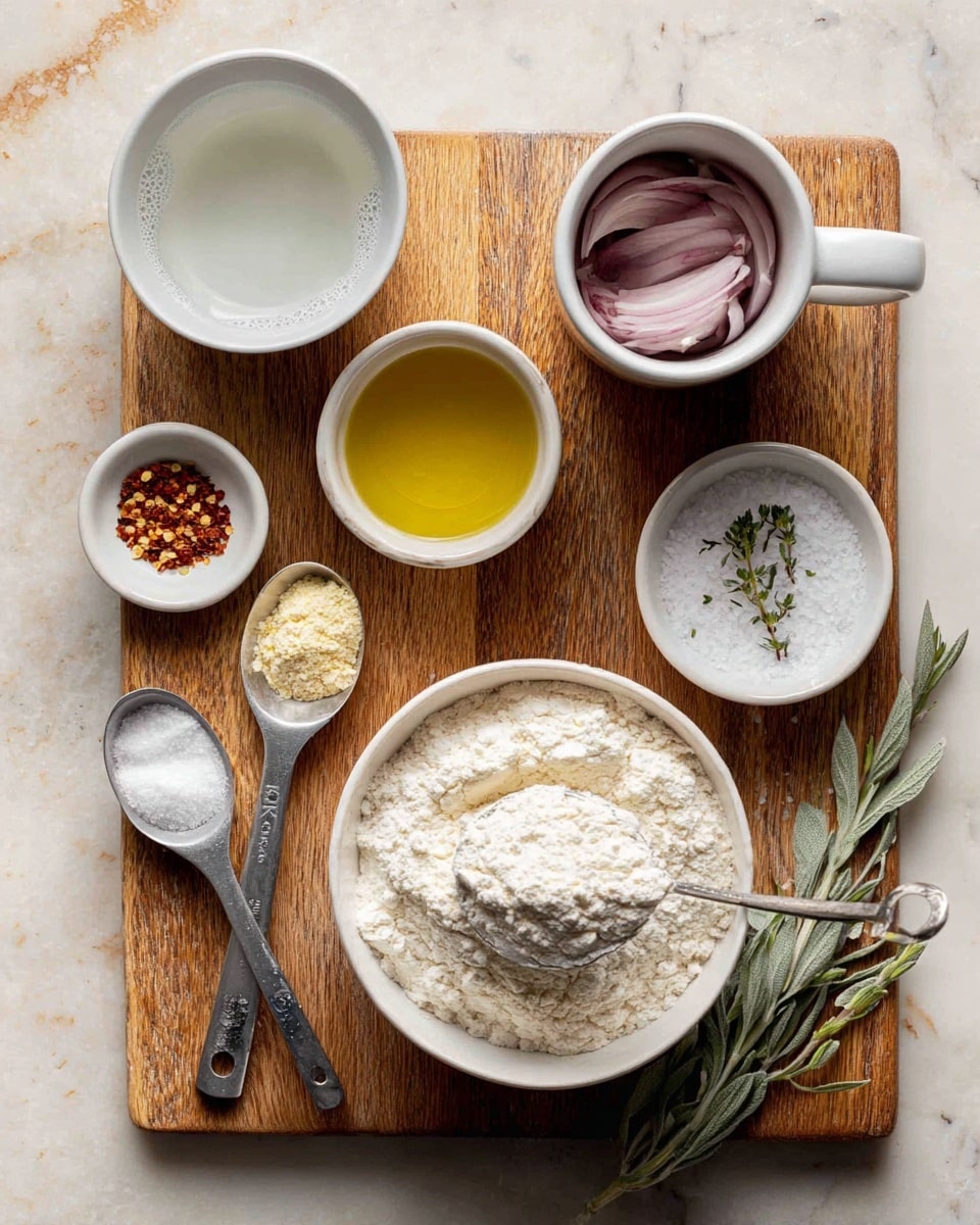This image shows six containers of different baking ingredients arranged on a warm wooden surface with a few scattered salt grains. At the bottom center is a white ceramic bowl filled with white flour, with a metal measuring spoon holding fine light brown yeast placed on top of the flour. Above the bowl of flour, there is a small white ceramic bowl of clear water to the left, a small white bowl with golden olive oil in the middle, and a mug with sliced red onions to the right. To the left of the olive oil is a tiny white dish holding crushed red pepper flakes. To the right of the mug are two items: a white bowl with coarse salt topped with a small green herb branch and a silver measuring spoon holding white salt. The whole setup is neat and simple, on a white marbled textured background. photo taken with an iphone --ar 4:5 --v 7