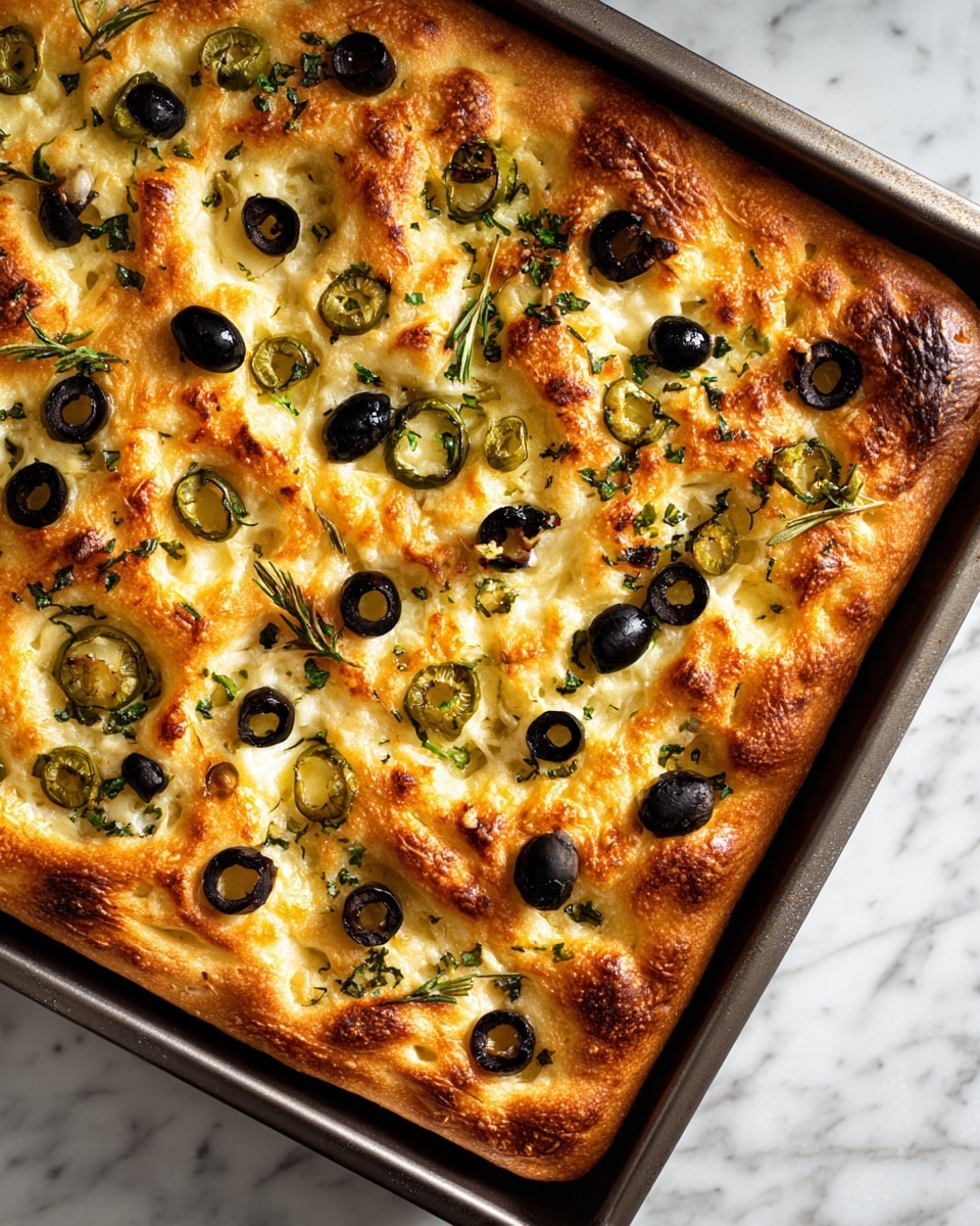 A rectangular focaccia bread shown in a baking tray with a thick, golden-brown, puffy crust featuring a slightly dimpled texture. On top, there is a layer of melted pale yellow cheese scattered unevenly. Green and black olive slices are spread generously across the surface, with small bits of green herbs like rosemary sprinkled in between. The crust edges are raised and crispy, showing some darker golden spots. The baking tray is placed on a white marbled surface photo taken with an iphone --ar 4:5 --v 7