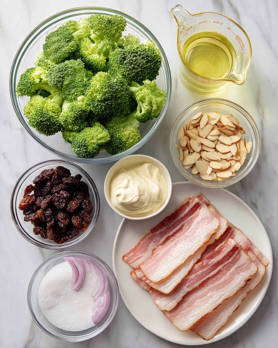 A white marbled surface holds several clear glass bowls and one white plate arranged neatly. The largest bowl contains bright green broccoli florets with a rough texture. Nearby, a smaller glass bowl is filled with dark brown raisins that have a wrinkled look. Another medium bowl shows thick, creamy white mayonnaise with a smooth texture. A small bowl has thinly sliced raw red onions with a slightly shiny surface. Next to it is another small glass bowl containing light beige sliced almonds, showing a dry and crisp texture. A clear measuring cup with a light yellow liquid, likely oil or vinegar, sits beside them. On a white plate, there are several thin slices of raw bacon with pink and white fat layers spread evenly in a neat pile. A white bowl filled with granulated white sugar is also present, completing the arrangement. All items rest on the white marbled surface. photo taken with an iphone --ar 4:5 --v 7
