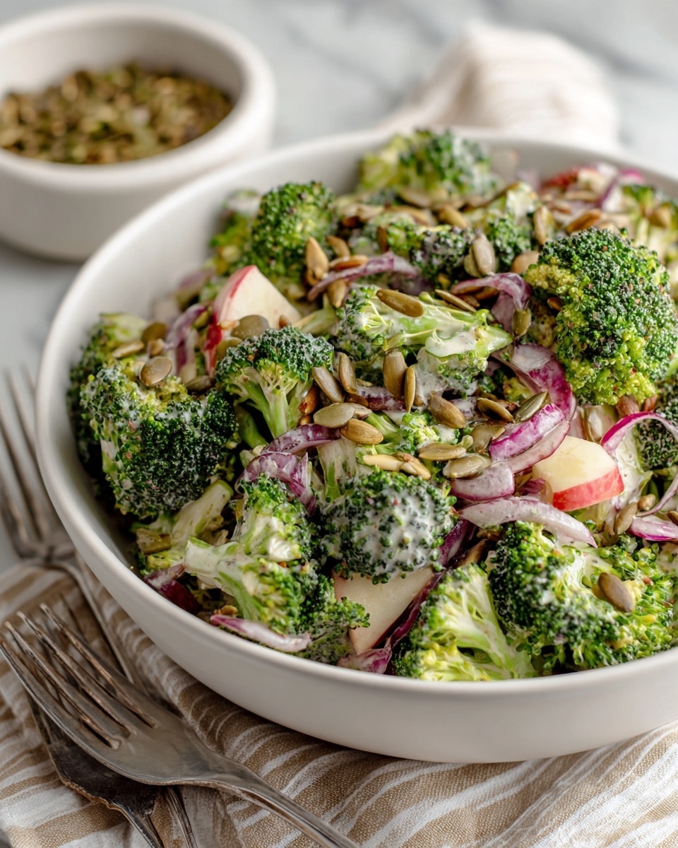 A white bowl filled with a fresh broccoli salad, showing many small bright green broccoli florets mixed with pieces of red apple and thin slices of red onion. The salad is coated lightly with a creamy dressing that has a slightly shiny texture. Scattered on top are light brown sunflower seeds adding extra texture. The bowl sits on a white marbled surface with a striped cloth in the background and a small white bowl filled with more sunflower seeds slightly out of focus. Two forks are placed near the bowl in the lower left part of the image. photo taken with an iphone --ar 4:5 --v 7