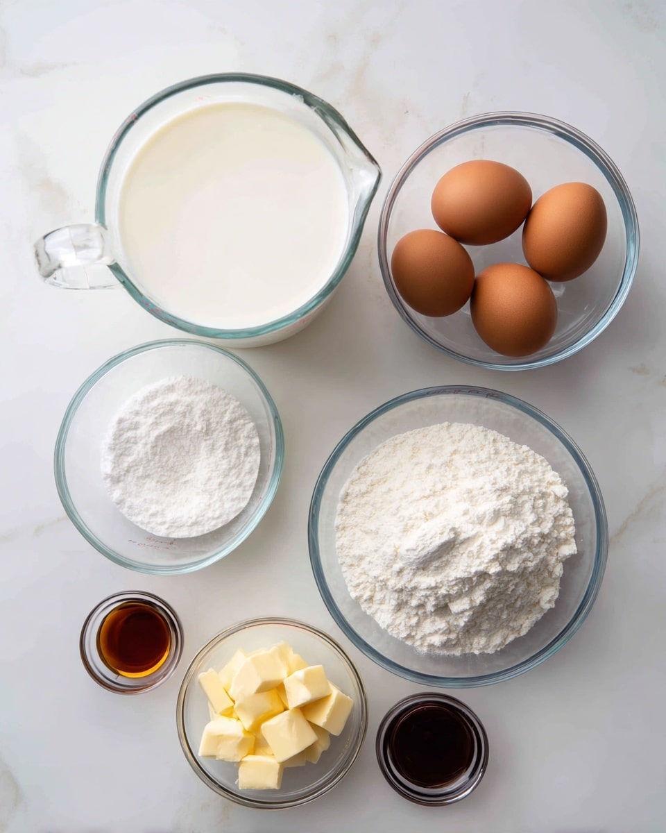 Egg-Free Vanilla Custard Recipe 4 The image shows six clear glass bowls and a clear glass measuring cup arranged neatly on a white marbled surface. The largest container, a measuring cup, is filled with fresh white milk and placed on the left side. To the right, a medium bowl holds three brown eggs, while above it two smaller bowls contain white flour and white powdered sugar. Below the eggs, a tiny bowl has a few small pale yellow butter cubes, and beside it another small bowl contains a dark amber liquid, likely vanilla extract. The layers show simple, smooth textures with natural colors standing out against the bright white marbled background. Photo taken with an iphone --ar 4:5 --v 7