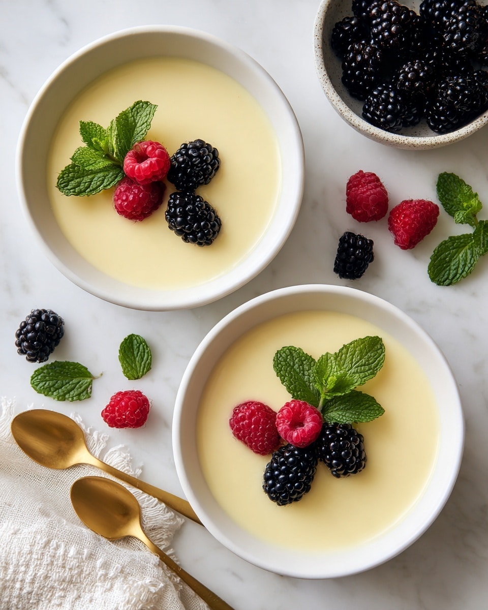 Egg-Free Vanilla Custard Recipe 5 Two white bowls are filled with smooth, pale yellow custard that has a silky texture. Each bowl is topped with a small cluster of fresh berries—two blackberries and three raspberries—arranged neatly along one side near some small bright green mint leaves. Around the bowls on a white marbled surface are scattered raspberries and fresh mint leaves. A small white bowl filled with more blackberries and raspberries is visible at the top right corner. To the lower left, two gold spoons rest on the surface next to a textured white cloth. The overall scene is bright, clean, and fresh. photo taken with an iphone --ar 4:5 --v 7