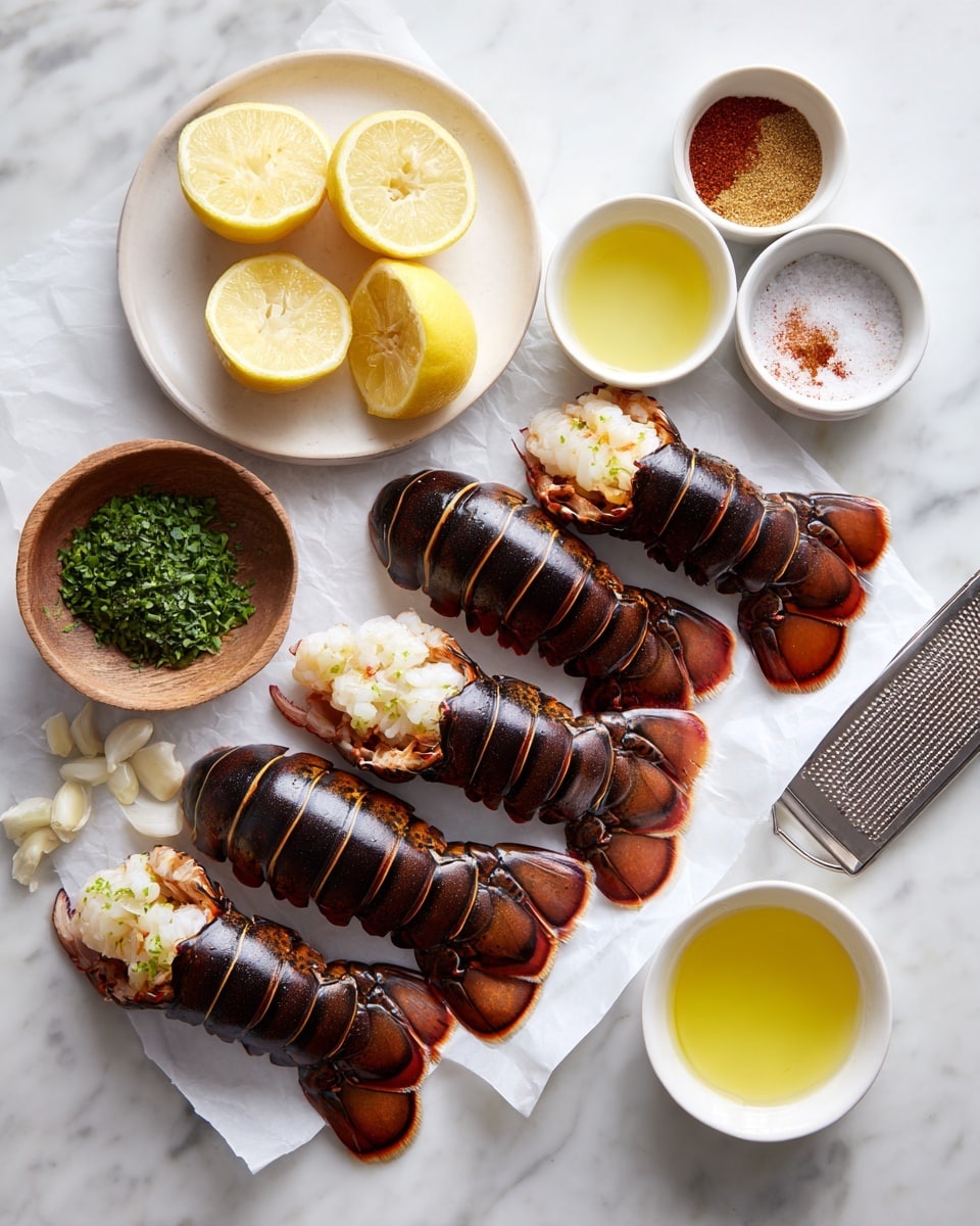 The image shows four lobster tails with dark brown and reddish shells lined up on white parchment paper on a white marbled surface. To the left, there is a round white plate holding two lemon halves, chopped garlic, and chopped green herbs in a small wooden bowl. Above that plate, there are three small white bowls, each with a different ingredient—light yellow oil, white salt, and red spice powder. Below the white plate is a small white bowl with melted butter. There is also a metal grater placed diagonally nearby. Photo taken with an iphone --ar 4:5 --v 7