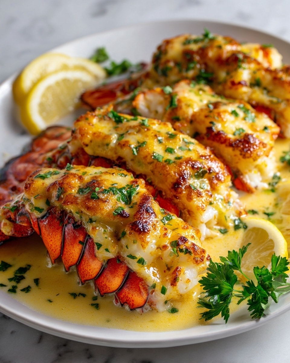 A white plate on a white marbled surface holds a row of bright orange lobster tails with dark lines on the shell, topped with three pieces of white fish covered in a melted yellowish cheese sauce mixed with green herbs, giving a slightly browned and bubbly texture. Around the edge of the plate are yellow lemon wedges with visible juice drops, and some green parsley leaves add a fresh contrast. The photo is taken close up, with a soft focus on the background, highlighting the rich textures of the seafood and sauce photo taken with an iphone --ar 4:5 --v 7