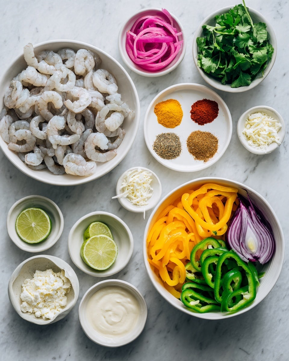The image shows an overhead view of a food prep scene on a white marbled surface with multiple white bowls and dishes arranged neatly. In the center left, there is a white bowl filled with raw shrimp that are grayish white with curled tails. To the right, a large white bowl holds layers of sliced bell peppers in green, yellow, and orange colors, as well as some sliced purple onion on top. Above the shrimp, there is a small white bowl with pink pickled onions and next to it, a round white plate with nine distinct piles of colorful spices including yellow, brown, red, and white powders arranged in a circle. At the top right corner, a white bowl with fresh green cilantro leaves is visible. Along the bottom edge, small white bowls hold a creamy white sauce, green lime zest, small white cheese crumbles, and a pale yellow liquid. Half a lime cut in two is placed near the bottom left. The overall scene has a fresh and colorful look with clear ingredient separation. Photo taken with an iphone --ar 4:5 --v 7