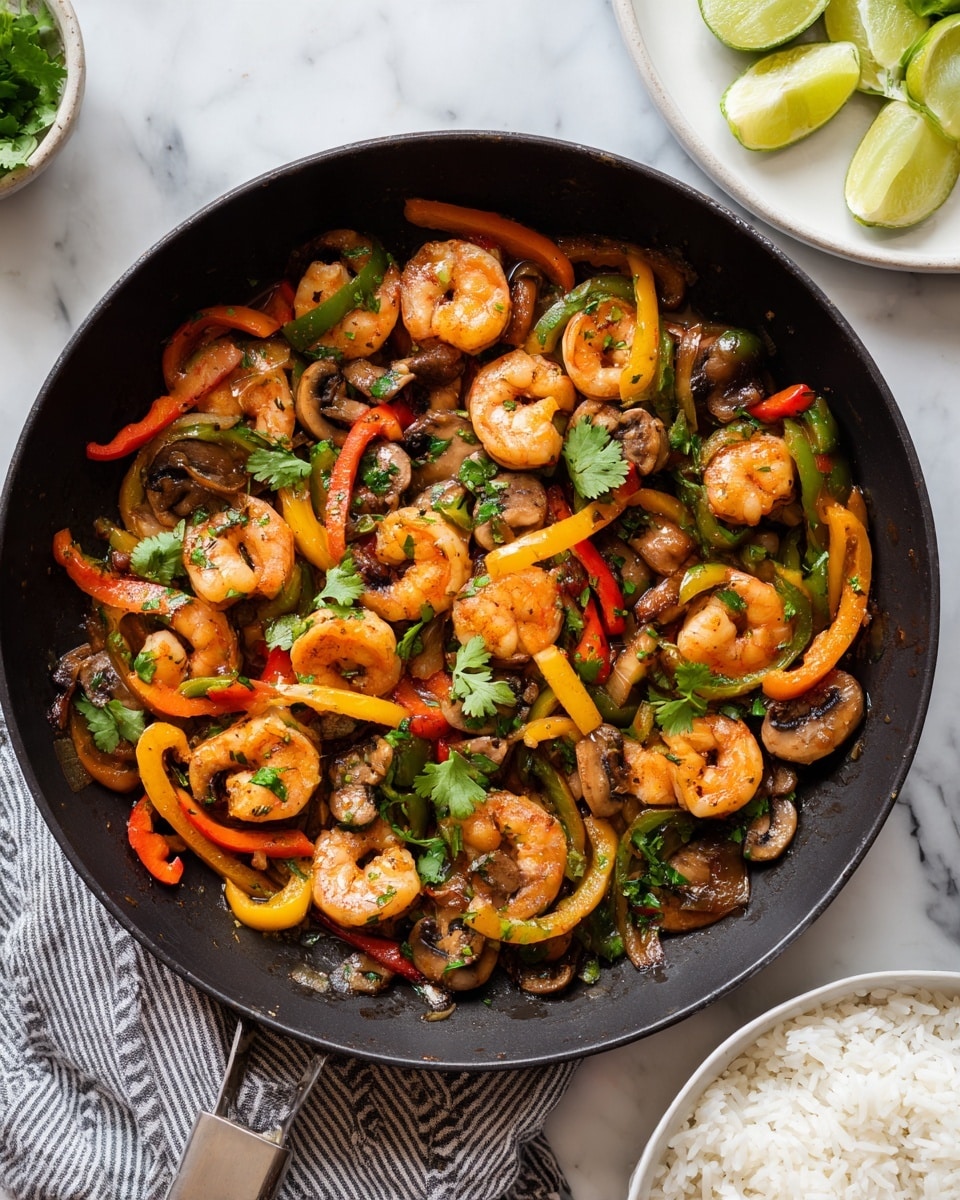 A black skillet filled with a colorful mix of cooked shrimp and sliced bell peppers in red, yellow, and green, along with brown mushrooms. The shrimp are orange and slightly shiny, mixed evenly with the soft, slightly cooked vegetables. Fresh green cilantro leaves are scattered on top, adding a touch of bright green freshness. The skillet rests on a white marbled surface with a grey and white striped cloth beneath. Part of a white bowl with plain cooked rice is visible at the bottom right corner, and a white plate with lime wedges is partly seen at the top left. photo taken with an iphone --ar 4:5 --v 7