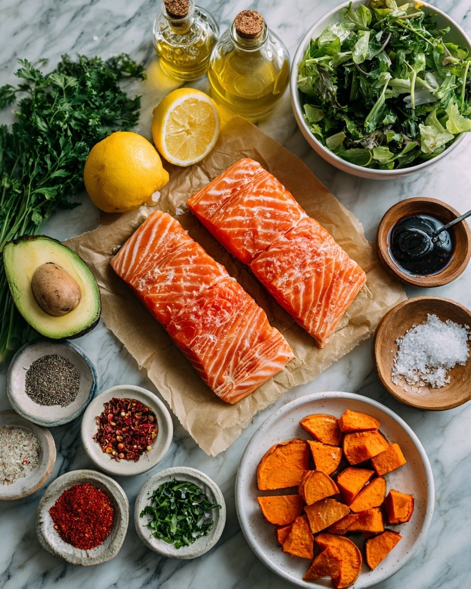 Two bright orange salmon fillets with visible lines rest on light brown parchment paper in the center of the image. Surrounding them are fresh ingredients in white bowls and plates, including a green leafy salad with different shades of green in a white bowl on the top right and sliced orange sweet potatoes in a white bowl on the bottom right. A white plate on the bottom left shows five piles of spices in colors like dark red, off-white, black, and bright red. Fresh green herbs are on a white plate on the left edge of the image. A dark green avocado is placed below the salmon. Around these dishes are whole and wedge-cut lemons, two shiny glass bottles filled with golden oil, a small wooden bowl with salt, and a glass jar filled with dark sauce. Everything is placed on a smooth white marbled surface. photo taken with an iphone --ar 4:5 --v 7