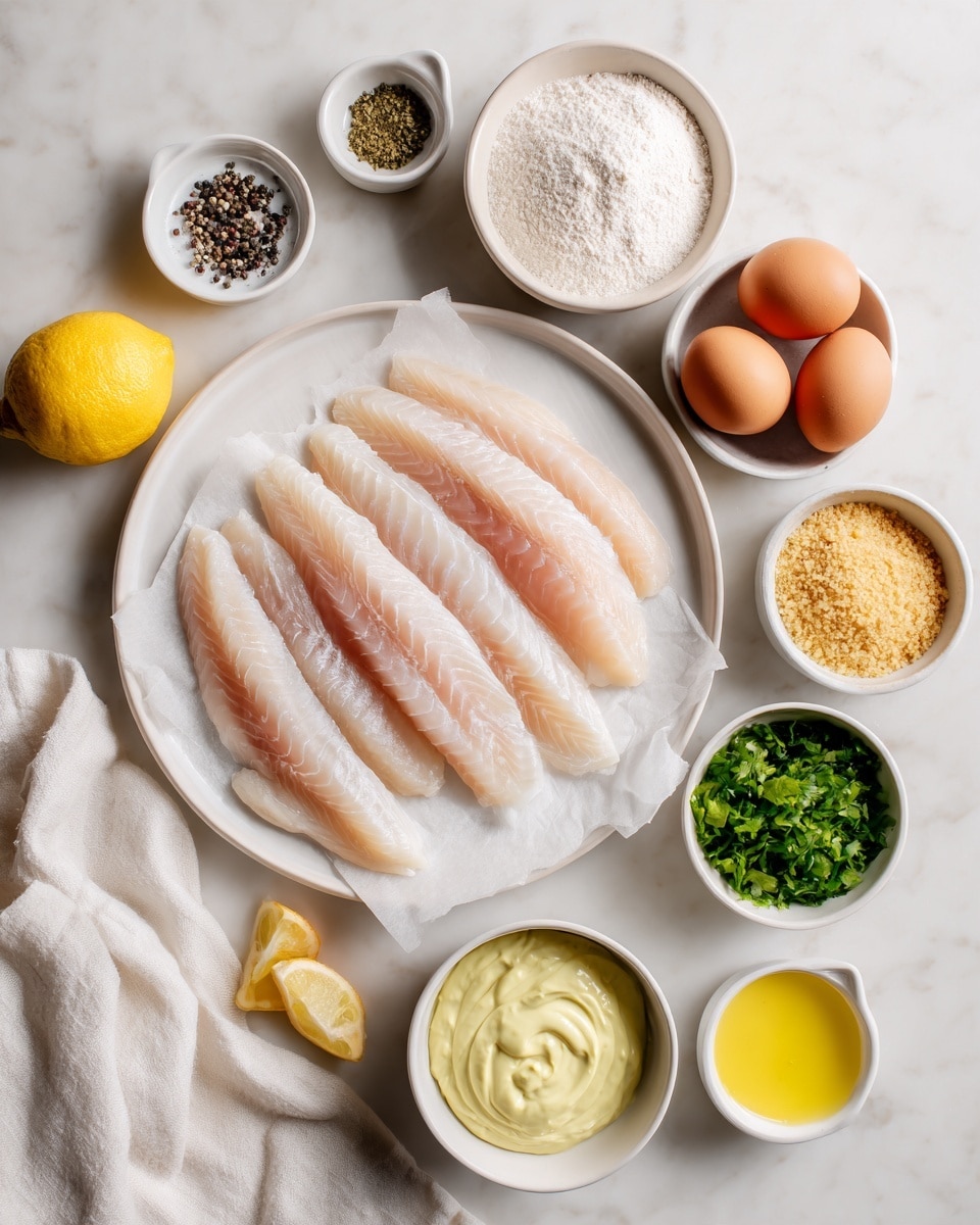The image shows a white plate in the center holding five light pink fish fillets lined up side by side on white parchment paper. Surrounding the plate are small white bowls arranged in a loose circle on a white marbled surface. The top left bowl contains black pepper and salt, the next bowl to the right has white flour, and beside it, a halved yellow lemon. Below the lemon are two brown eggs. Moving clockwise, the next bowl has golden breadcrumbs, followed by a small bowl of chopped green pickles, a bowl of chopped green herbs, a bowl of pale yellow mayonnaise, a bowl of light cream sauce, a bowl of thick yellow mustard, and finally a bowl of light golden oil. There is a white cloth partially visible in the bottom left corner. The overall scene is brightly lit with soft natural light, showing a neat, organized arrangement of ingredients photo taken with an iphone --ar 4:5 --v 7