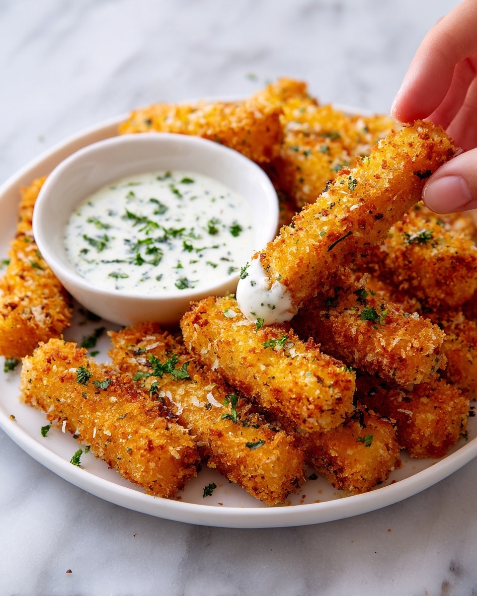 A white round plate on a white marbled background holds eleven golden brown crispy fried sticks that have a rough texture from the crumbs. They are arranged around a small white bowl of thick white sauce with green herbs mixed inside. Some green parsley leaves are scattered on and around the sticks. A woman's hand is picking up one of the sticks from the plate. The light shows the crunchy detail of the sticks. photo taken with an iphone --ar 4:5 --v 7