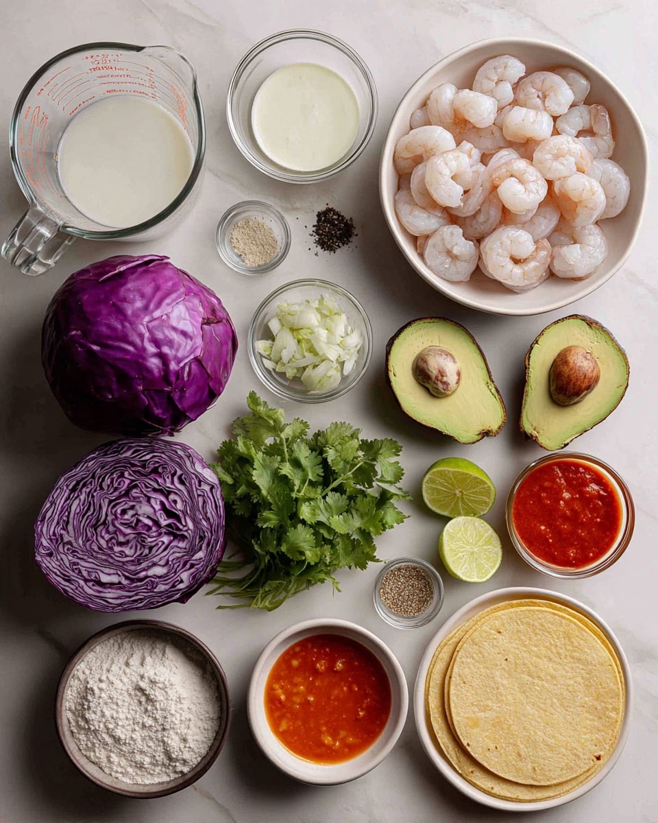 The image shows a flat lay of ingredients on a white marbled surface, arranged in neat rows. In the center right, there is a white bowl filled with pale pink raw shrimp. To the bowl’s right are two avocado halves, one with a large brown pit, next to fresh green cilantro sprigs. Below the shrimp bowl is a small, dark bowl filled with white flour, and beside it is a small stack of yellow corn tortillas. To the left of the flour bowl is a whole purple cabbage. Above the cabbage are three small clear bowls with minced garlic, mixed ground pepper, and salt. Above the pepper and salt is a white onion. Top left shows a glass measuring cup filled with white liquid, beside it a small bowl of creamy white sauce. Next to the sauce is a small bowl of bright orange sweet chili sauce and a small bowl with lime wedges. On the top right is a small clear bowl with red sauce. The tidy layout highlights fresh, colorful ingredients. Photo taken with an iphone --ar 4:5 --v 7