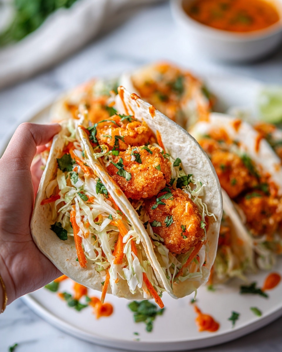 A woman's hand holds a soft white tortilla folded in half, filled with three pieces of crispy golden shrimp coated in an orange sauce, resting on a bed of shredded white cabbage and thin orange carrot strips mixed with green herbs. The taco is handheld above a white plate with more shrimp tacos in the background on a white marbled surface, with scattered bits of green herbs and orange sauce. Photo taken with an iphone --ar 4:5 --v 7