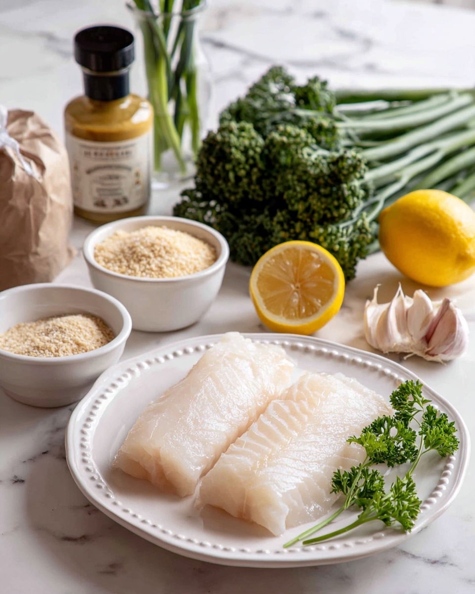 Two pieces of raw white fish fillets lie flat on a white plate with a decorative edge, placed on a white marbled surface. Beside the fish, there is a bunch of fresh green parsley and bunches of broccolini in the background. Two white bowls sit behind the plate, one filled with light brown breadcrumbs and the other with a pale yellow grainy powder. A whole lemon and two lemon halves rest beside the bowls. A clove of garlic and a block of lard wrapped in paper are near the back left side. Behind everything, a bottle of Dijon mustard with a black cap stands next to a glass vase holding green leafy stems, and a white bottle with a simple label is also visible. Photo taken with an iphone --ar 4:5 --v 7