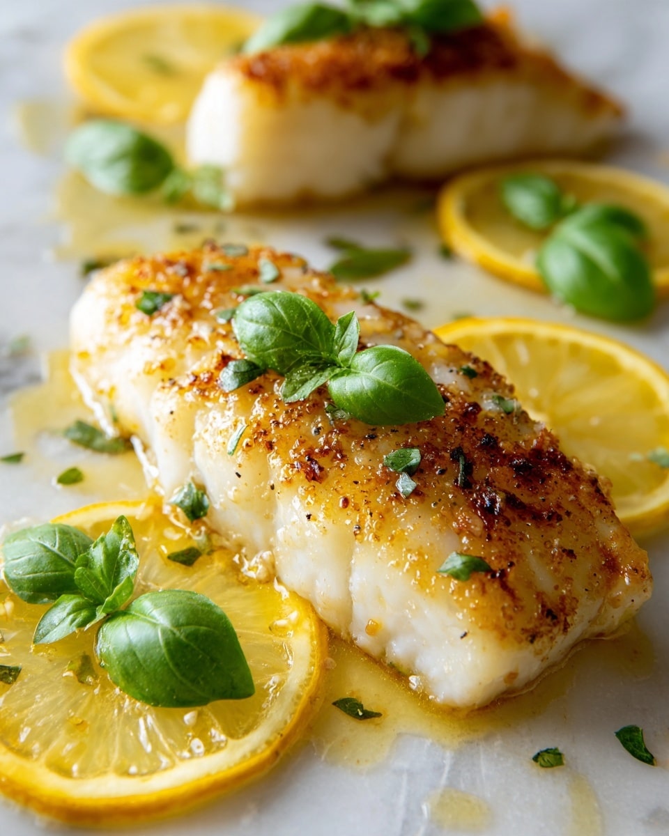 The image shows two close-up views of a cooked white fish fillet with a golden brown, slightly crispy top. The fish is placed on a white marbled surface covered with bright yellow lemon slices and small green herb leaves scattered around. On top of the fish fillet, there are fresh green basil leaves that add a fresh look. The fish's texture is moist and flaky, and there is a light sauce or oil around the lemon slices, adding a shiny and rich appearance. Photo taken with an iphone --ar 4:5 --v 7