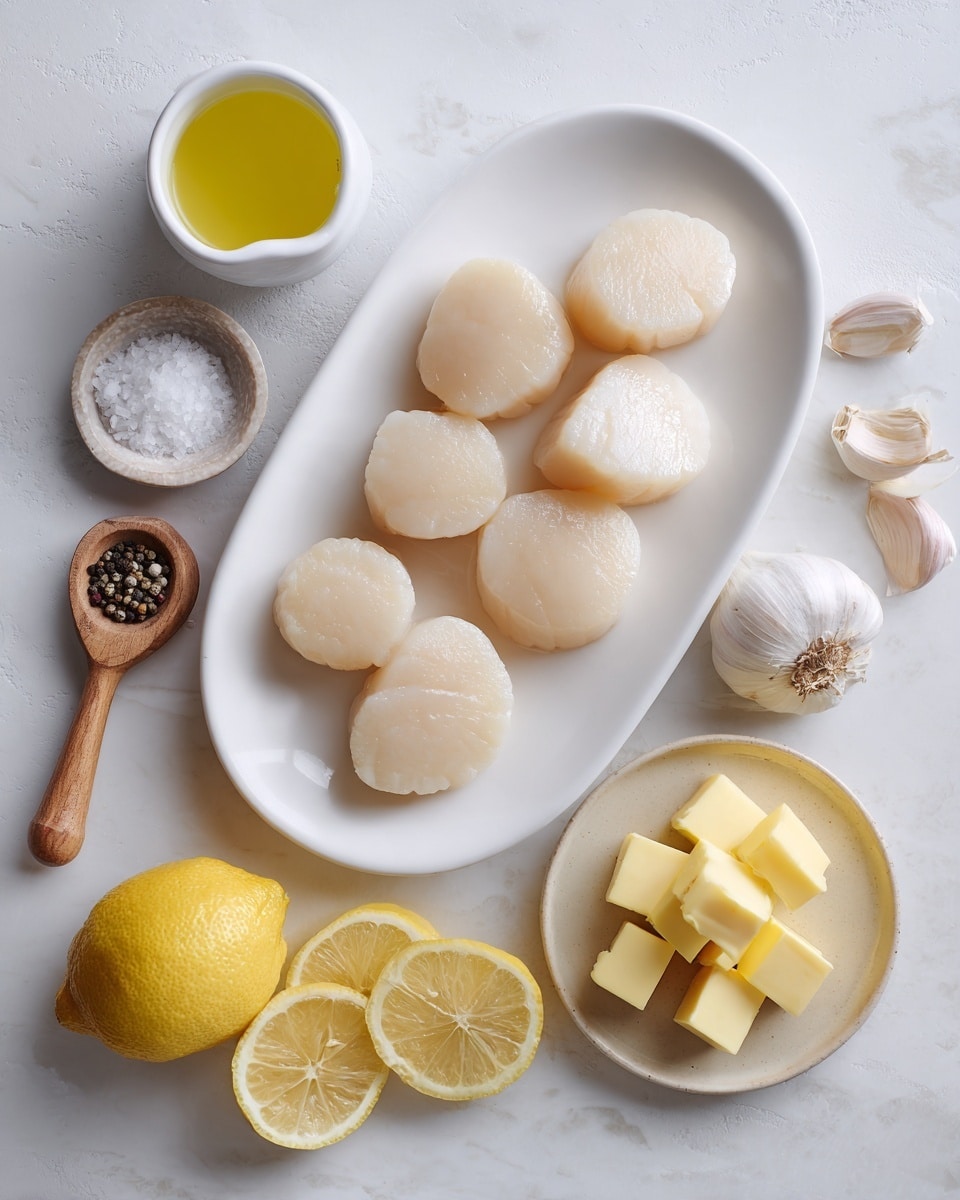 A white oval plate filled with a single layer of large, pale scallops that have a smooth and slightly shiny texture. Above the plate, there is a small white ceramic cup filled with a clear yellow liquid. To the left, a small white spoon contains coarse black pepper, next to a small wooden spoon holding coarse white salt. To the right, on a white oval plate, there is a halved lemon being squeezed with a wooden lemon squeezer, surrounded by lemon wedges. To the right of the lemon plate, there are garlic cloves with papery skin partially peeled. Below the lemon, a light beige round dish holds six cubes of bright yellow butter. The whole scene is set on a white marbled textured surface. photo taken with an iphone --ar 4:5 --v 7