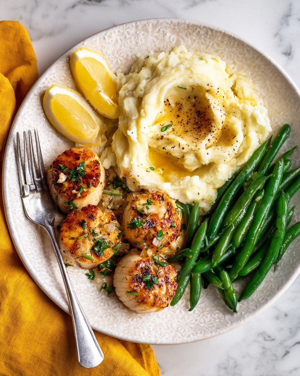 On a white plate with a light textured pattern, there are five golden-brown scallops arranged slightly overlapping on the left side, topped with small chopped green herbs and bits of garlic. To the right of the scallops, there is a creamy mound of mashed potatoes with a small pool of melted butter in the center, sprinkled with black pepper. Next to the mashed potatoes, bright green cooked beans are neatly stacked on the right edge of the plate. Two lemon wedges with pale yellow color sit near the top left side of the mashed potatoes. A silver fork is placed at the bottom left of the plate, resting partly under the scallops. The whole plate is on a white marbled surface with a yellow cloth partially visible at the bottom left corner. Photo taken with an iphone --ar 4:5 --v 7
