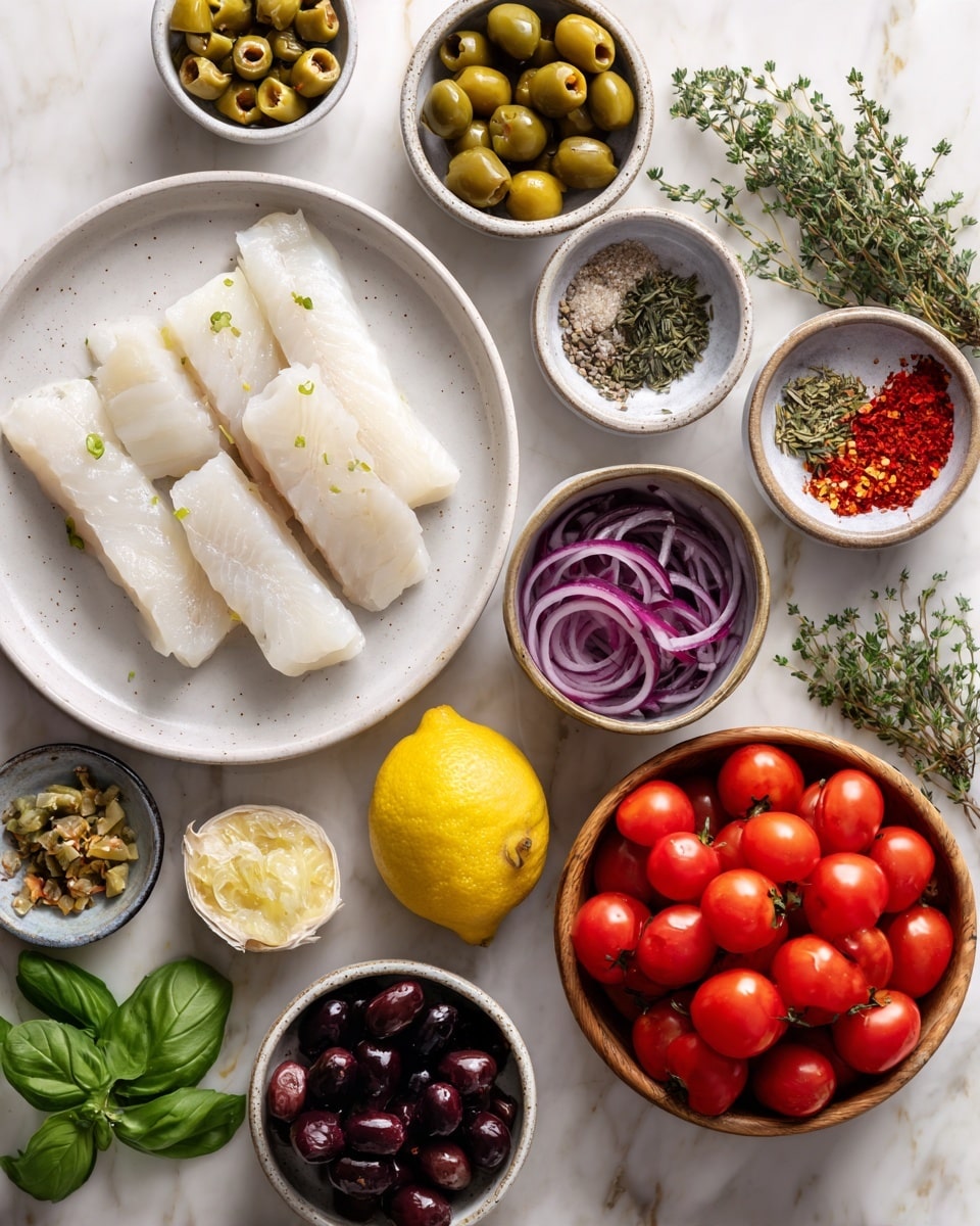 The image shows several small white bowls on a white marbled surface, each holding different ingredients. A large white plate with four pieces of raw white fish fillets is on the left. Around it, there are bowls filled with green and black olives, thinly sliced purple onions, garlic slices, capers, red chili flakes, dried herbs, black pepper, and salt. In the center, a bowl is full of bright red cherry tomatoes and grape tomatoes, and near the bottom right, there is a wooden bowl holding a halved lemon with fresh green basil leaves and a few sprigs of thyme nearby. The photo is taken with an iphone --ar 4:5 --v 7