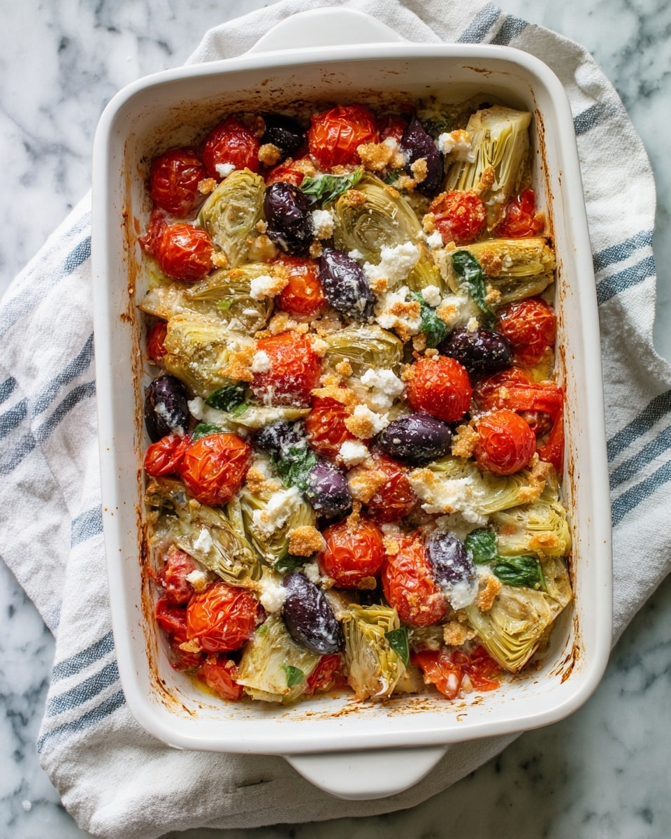 This dish is in a white rectangular baking dish on a white marbled surface with a light cloth with blue stripes around it. The dish has several layers visible from the top: at the base, there are chunks of cooked red tomatoes mixed with dark purple olives and green basil leaves. Above these, there are slices of light green artichokes and whole roasted red cherry tomatoes. The top layer is sprinkled with crumbly white cheese and pieces of golden brown baked cheese, giving a crunchy texture. The colors are warm reds, greens, purples, and white cheese, showing a rich baked vegetable dish. photo taken with an iphone --ar 4:5 --v 7