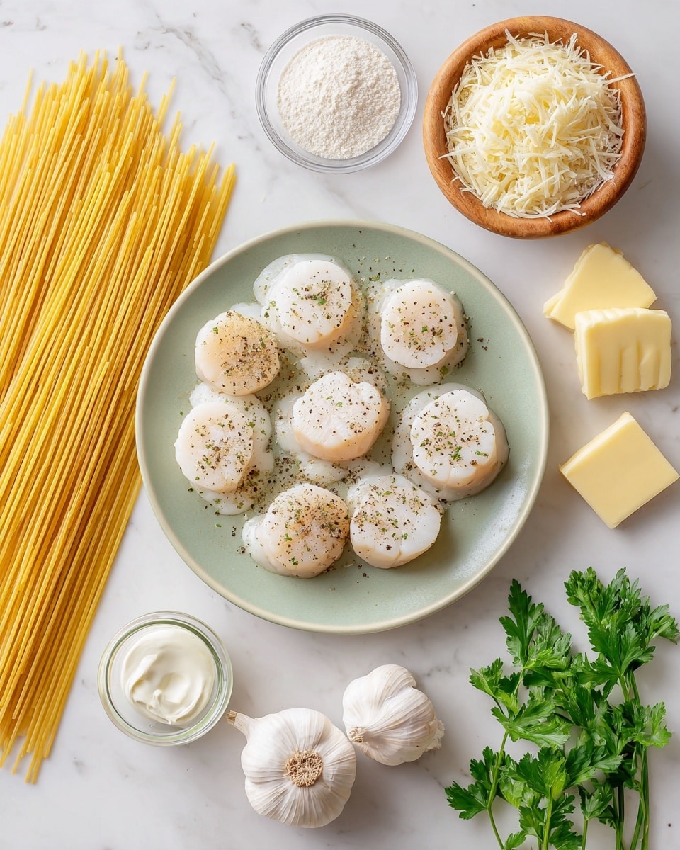 The image shows raw scallops placed in a single layer on a round light green plate in the center, each scallop sprinkled with black pepper. Around the plate, there are two bundles of uncooked spaghetti noodles placed diagonally on a white marbled surface, one on the left and one on the right side. On the top right, there is a small wooden bowl filled with grated cheese. Near the top left corner, a small clear bowl holds some flour. Near the bottom right of the plate, four slices of butter rest on the surface. At the bottom center, a small clear glass jar of cream is visible. Two garlic bulbs are placed close together near the bottom left, along with sprigs of fresh green parsley, some near the top right and others near the bottom left of the scene. Photo taken with an iphone --ar 4:5 --v 7