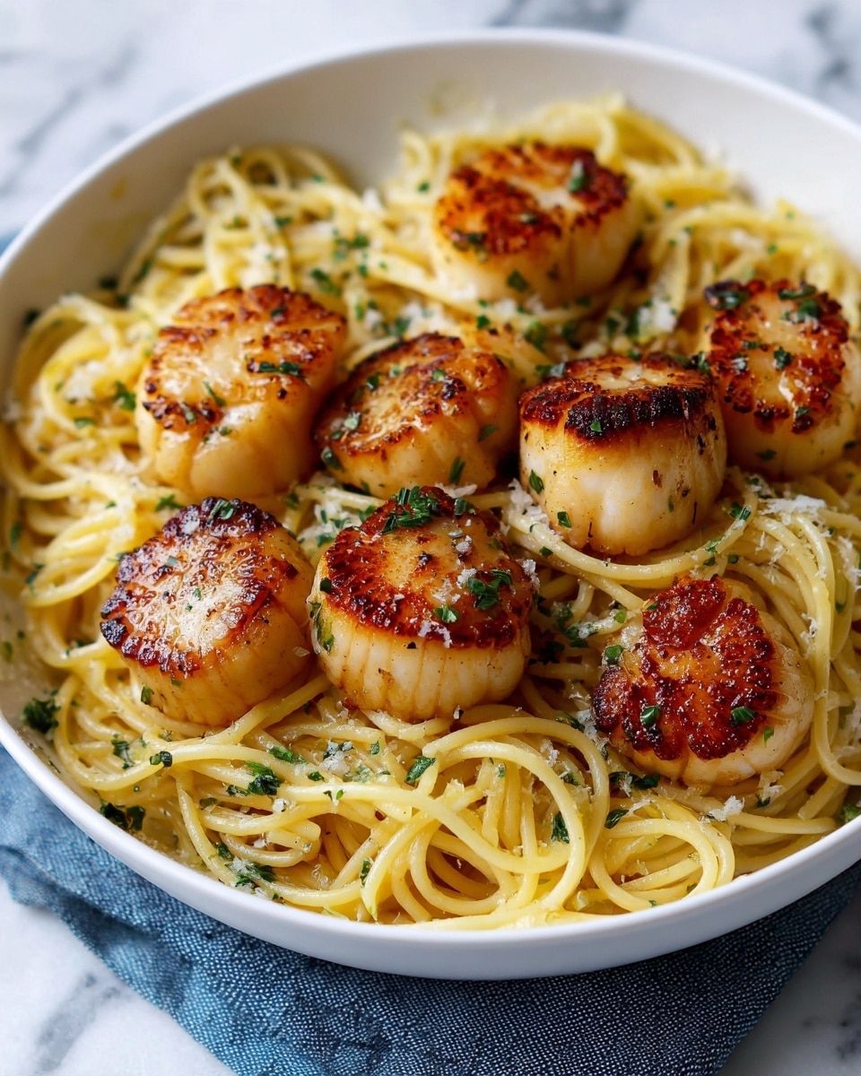 The image shows a white bowl filled with spaghetti pasta that is light yellow and has a smooth texture, forming a base layer. On top of the pasta, there are round, golden-brown seared scallops with a slightly crispy texture on their surface, arranged evenly. Small green herb pieces are sprinkled over the pasta and scallops, adding specks of color. The bowl rests on a white marbled surface with a blue cloth napkin partially visible under it. Photo taken with an iphone --ar 4:5 --v 7