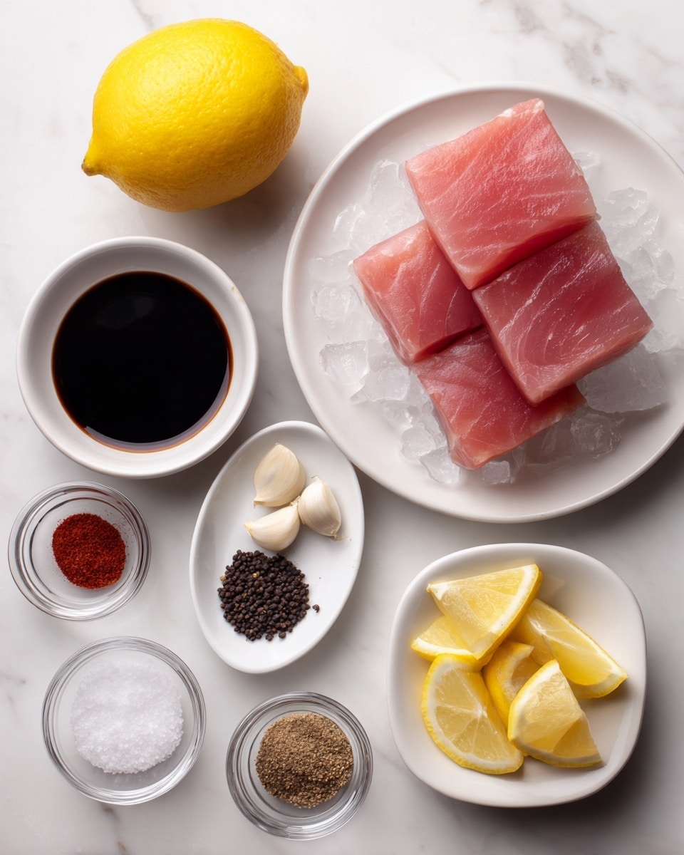 The image shows a top view of several ingredients arranged neatly on a white marbled surface. On the right side, there is a white plate filled with ice and three pieces of dark pink fresh fish slices stacked evenly. Above and to the left of it, a whole bright yellow lemon sits alone. Below the lemon, a small oval white plate holds two white cloves. Near the center, two small clear glass bowls contain black pepper and a brown powdered spice. Below these, another small clear bowl has a red powdered spice. To the bottom left, there is a white bowl full of dark soy sauce, next to a small white bowl with several yellow lemon wedges. Lastly, a small white bowl of coarse white salt is placed near the bottom right. All ingredients are spaced well and shown clearly. Photo taken with an iphone --ar 4:5 --v 7