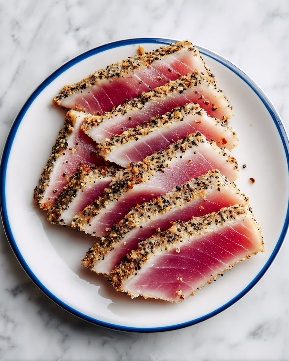 The image shows a white plate with a thin blue rim sitting on a white marbled surface, holding seven slices of seared tuna arranged in a fan shape. Each slice has a pink center with a light brown outer edge covered in coarse black pepper and seasoning, creating a rough texture. The slices lean slightly on each other, showing a contrast between the soft inside and the flavorful crust. The lighting highlights the freshness and moistness of the tuna. photo taken with an iphone --ar 4:5 --v 7